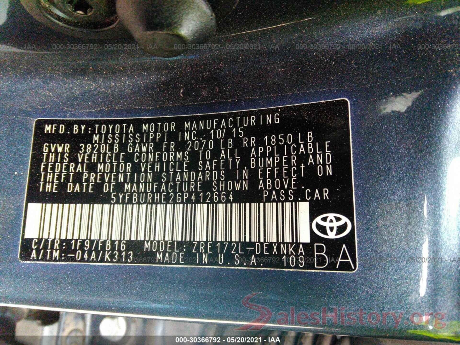 5YFBURHE2GP412664 2016 TOYOTA COROLLA