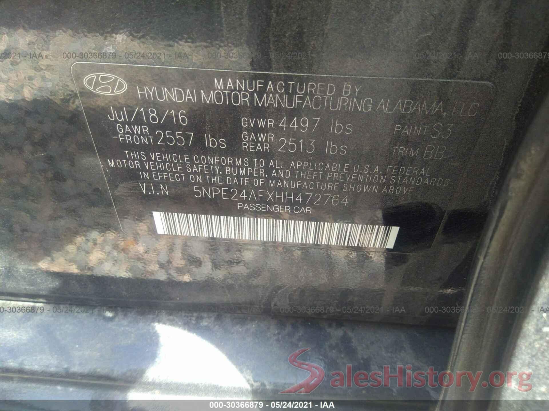 5NPE24AFXHH472764 2017 HYUNDAI SONATA