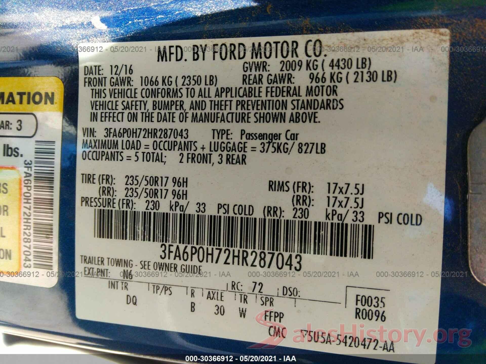 3FA6P0H72HR287043 2017 FORD FUSION