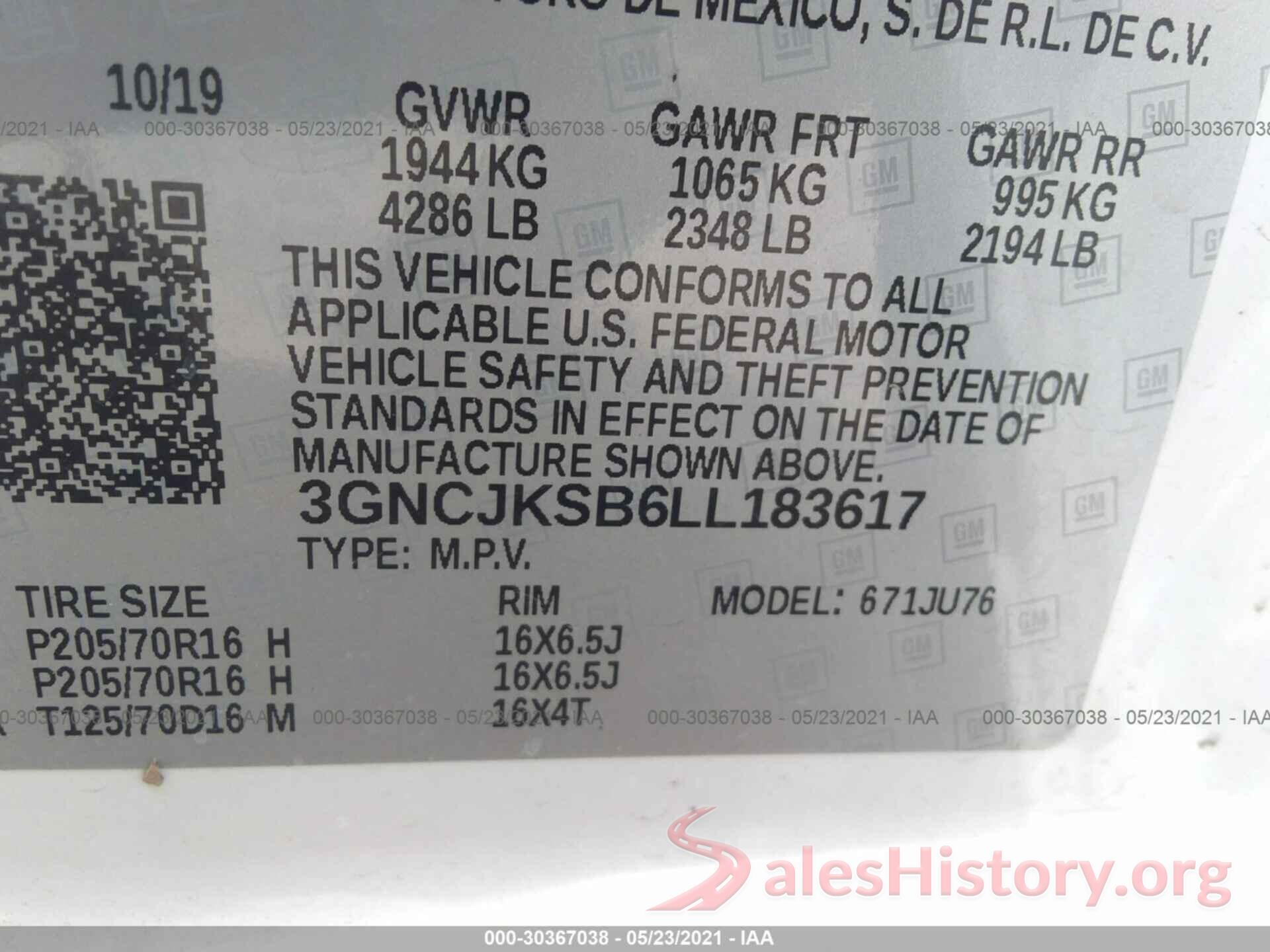 3GNCJKSB6LL183617 2020 CHEVROLET TRAX