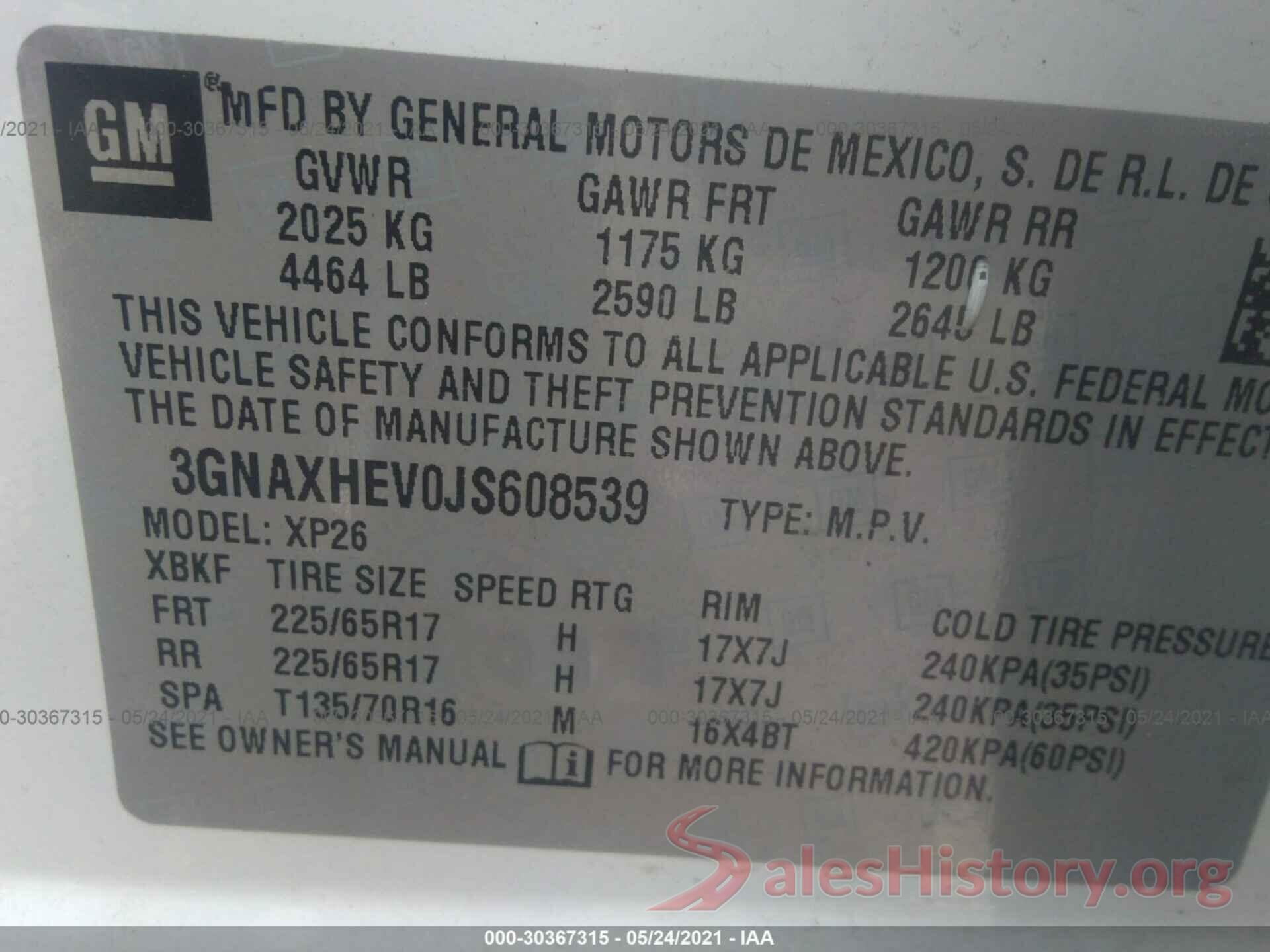 3GNAXHEV0JS608539 2018 CHEVROLET EQUINOX