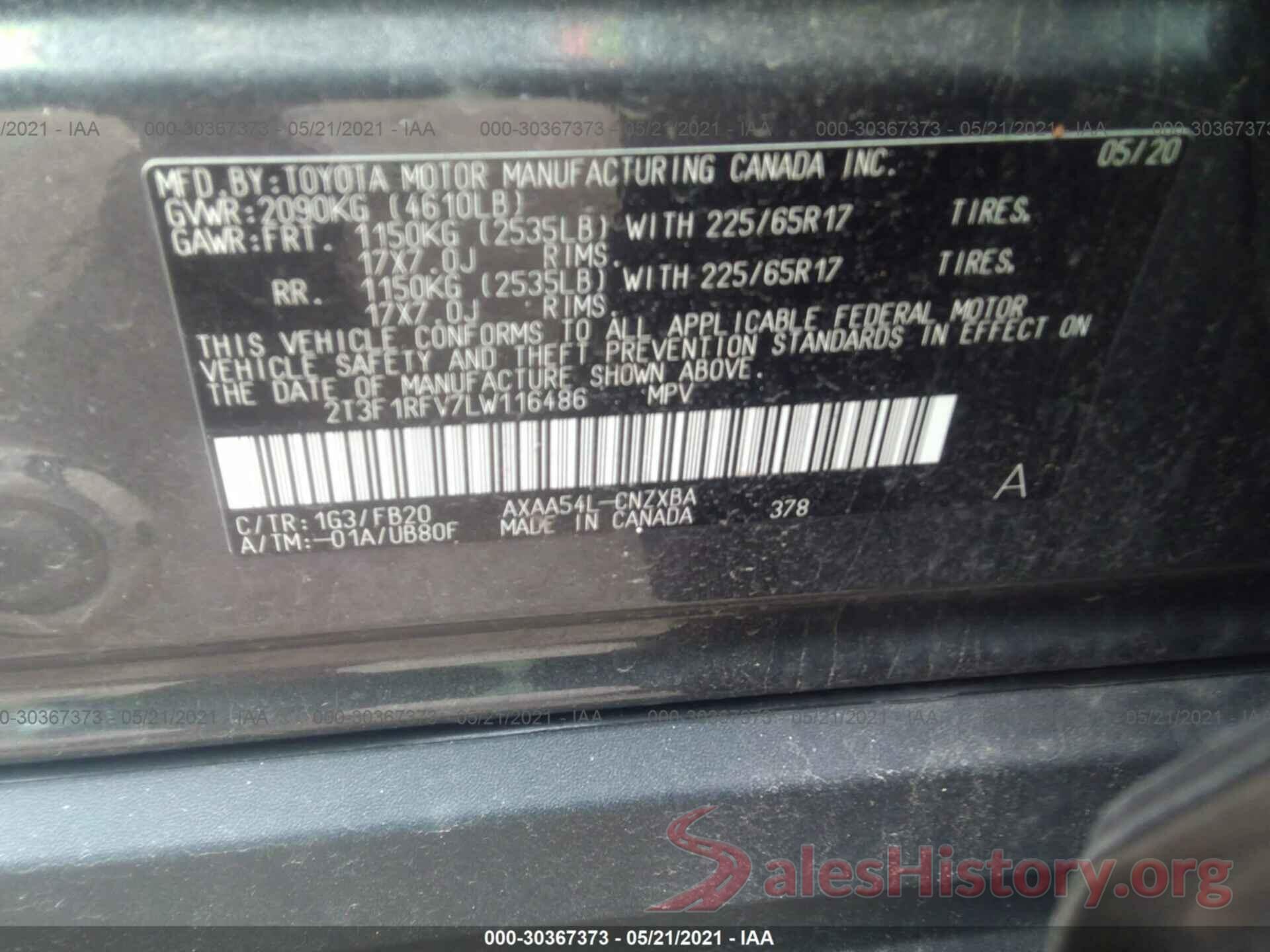 2T3F1RFV7LW116486 2020 TOYOTA RAV4