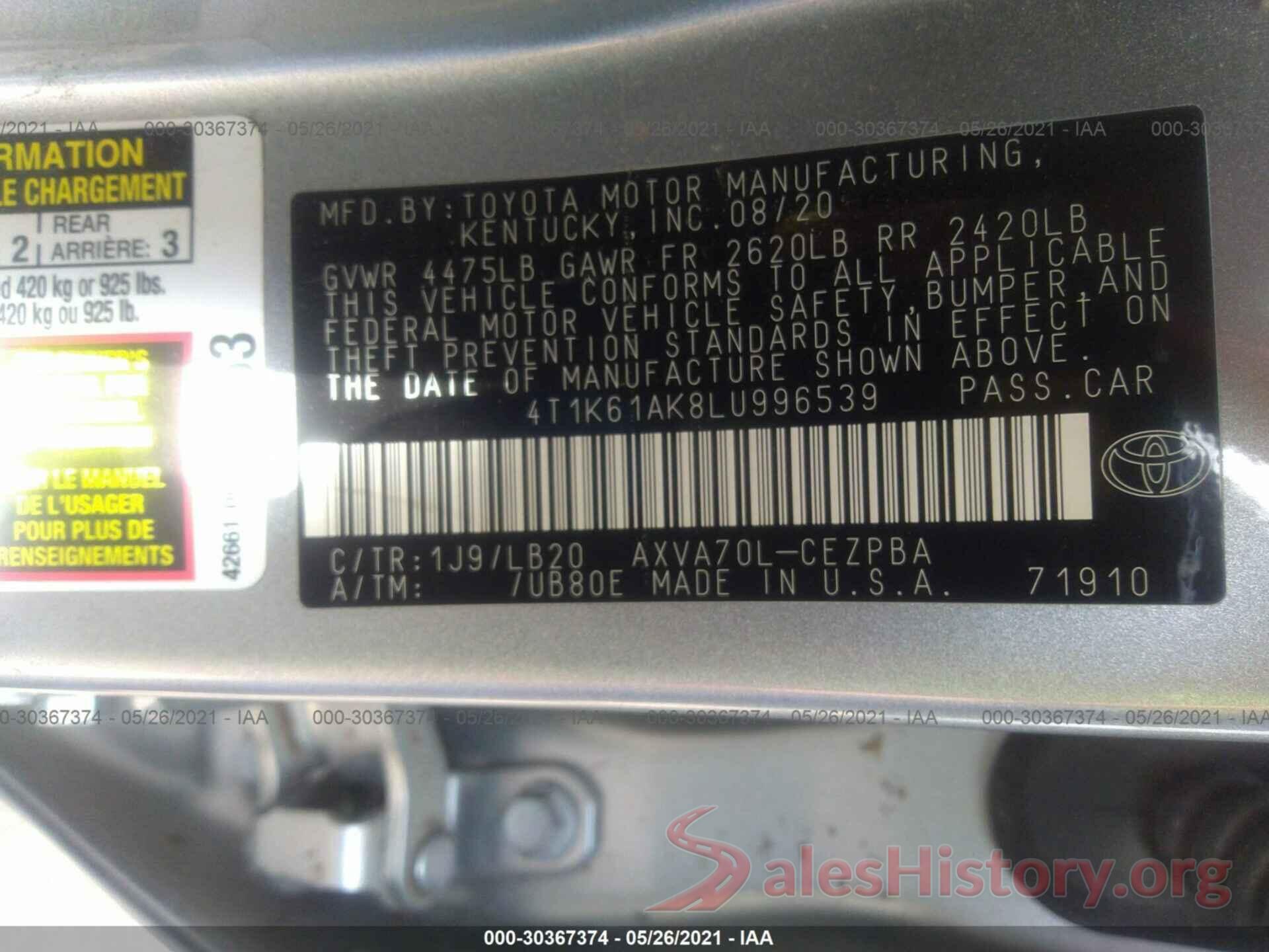 4T1K61AK8LU996539 2020 TOYOTA CAMRY