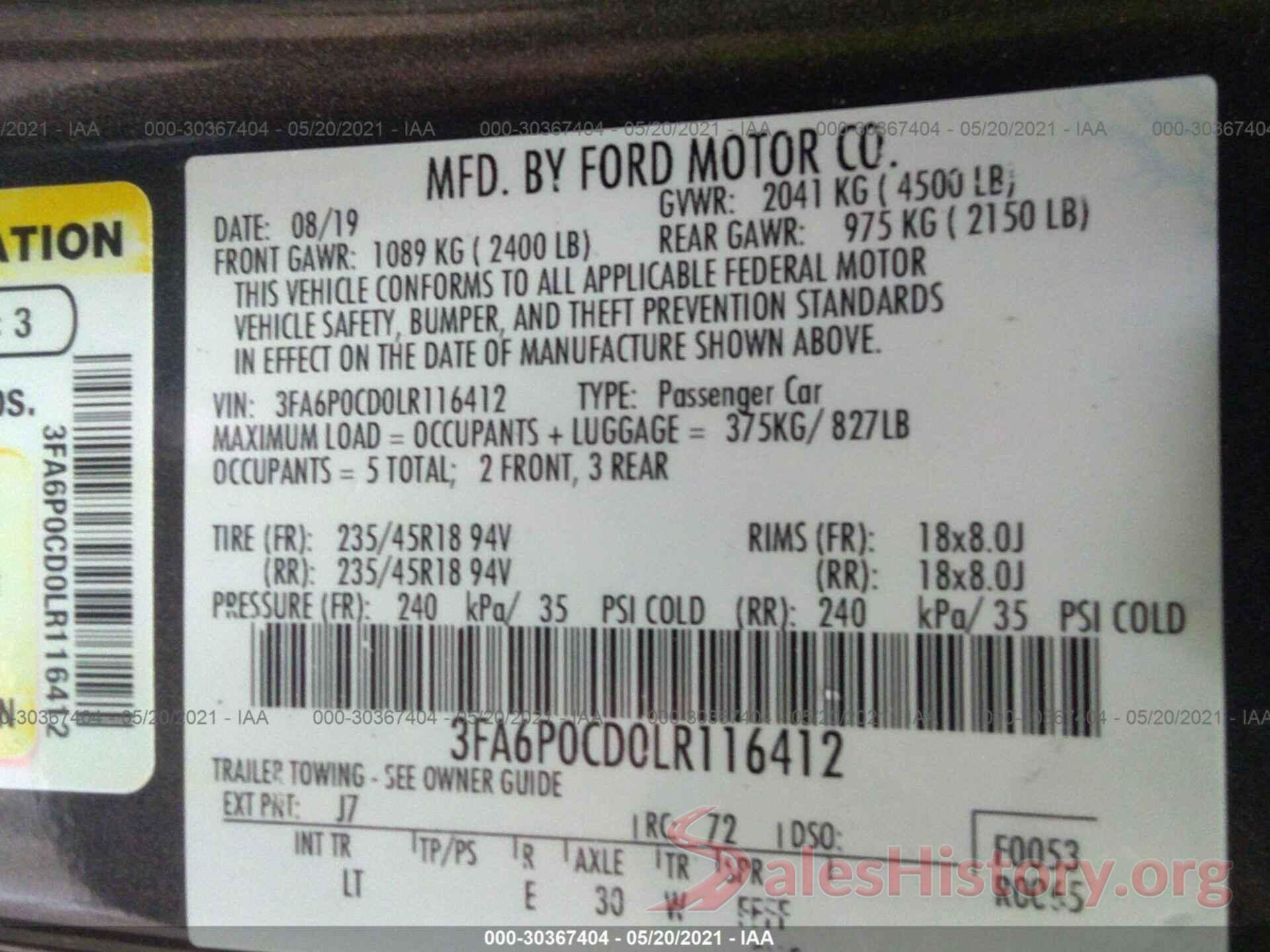 3FA6P0CD0LR116412 2020 FORD FUSION