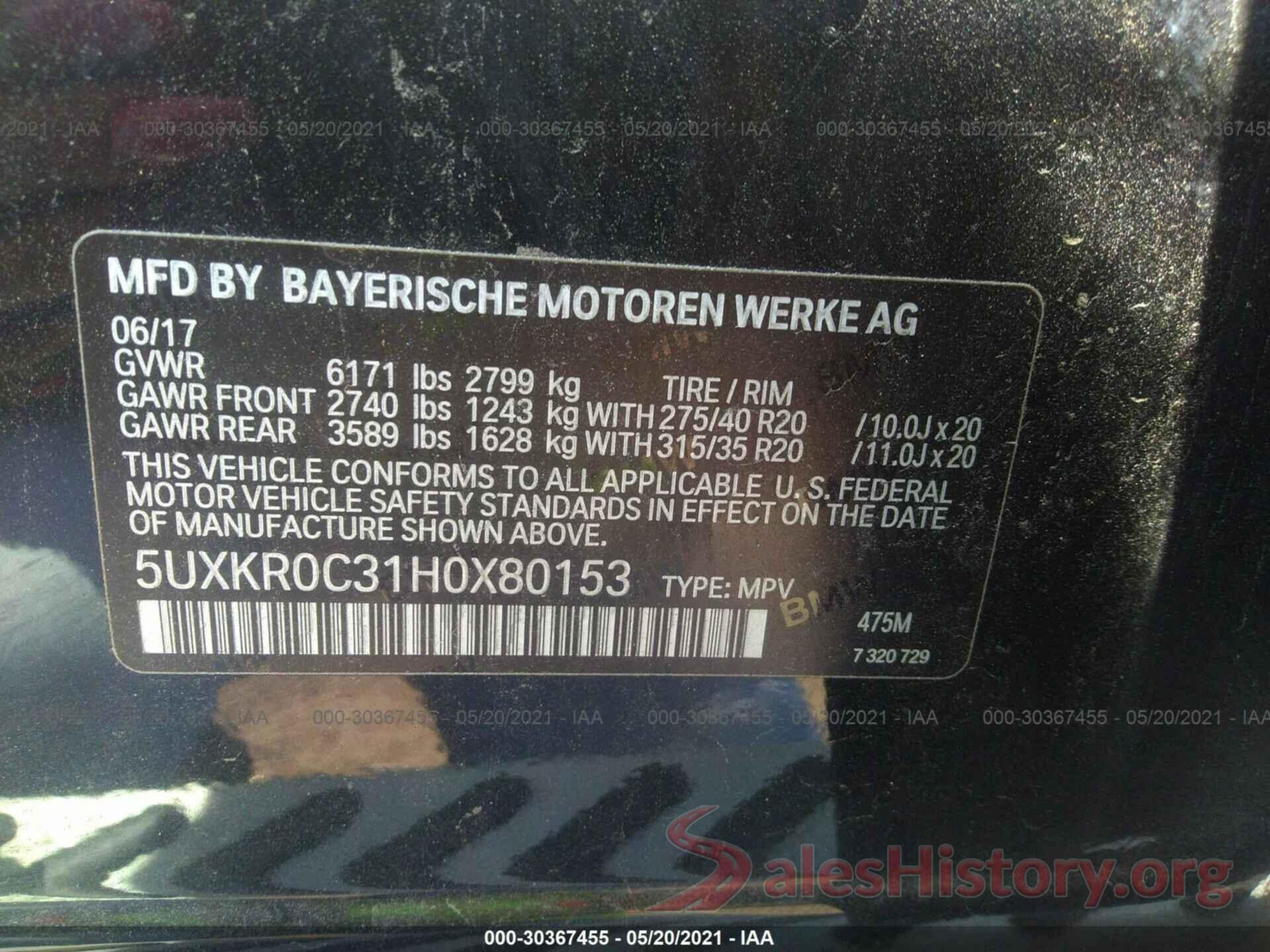 5UXKR0C31H0X80153 2017 BMW X5