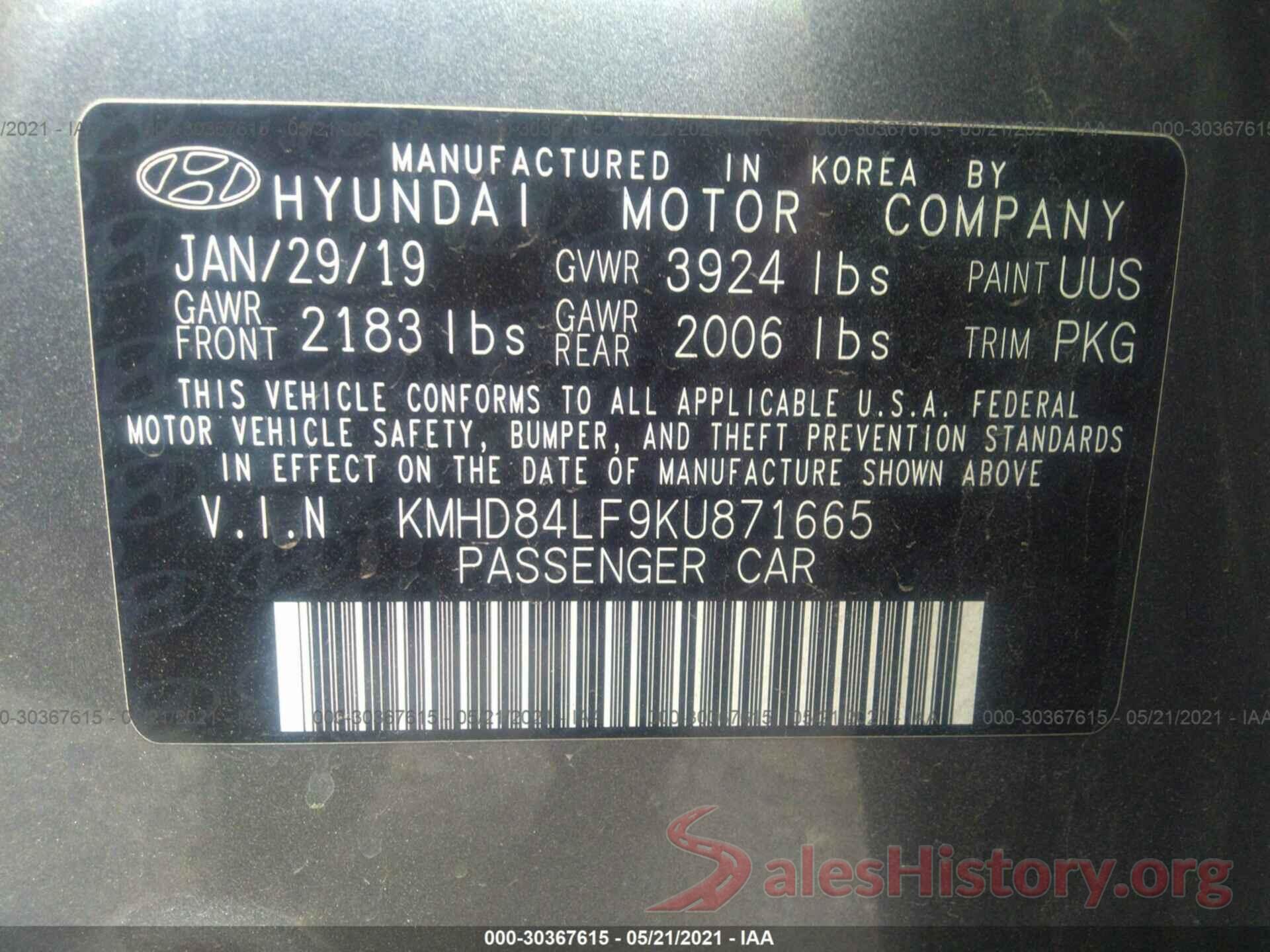 KMHD84LF9KU871665 2019 HYUNDAI ELANTRA