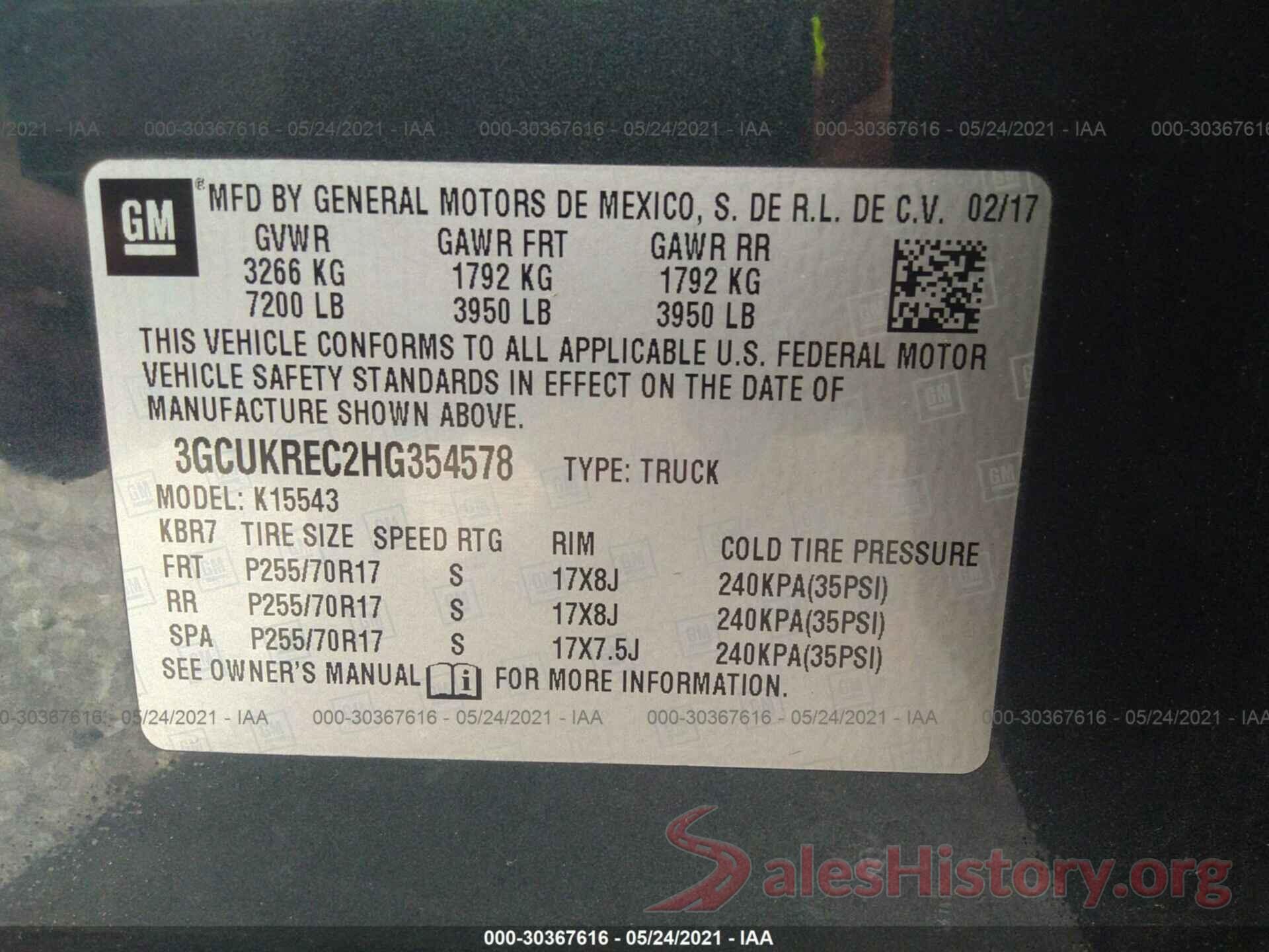 3GCUKREC2HG354578 2017 CHEVROLET SILVERADO 1500