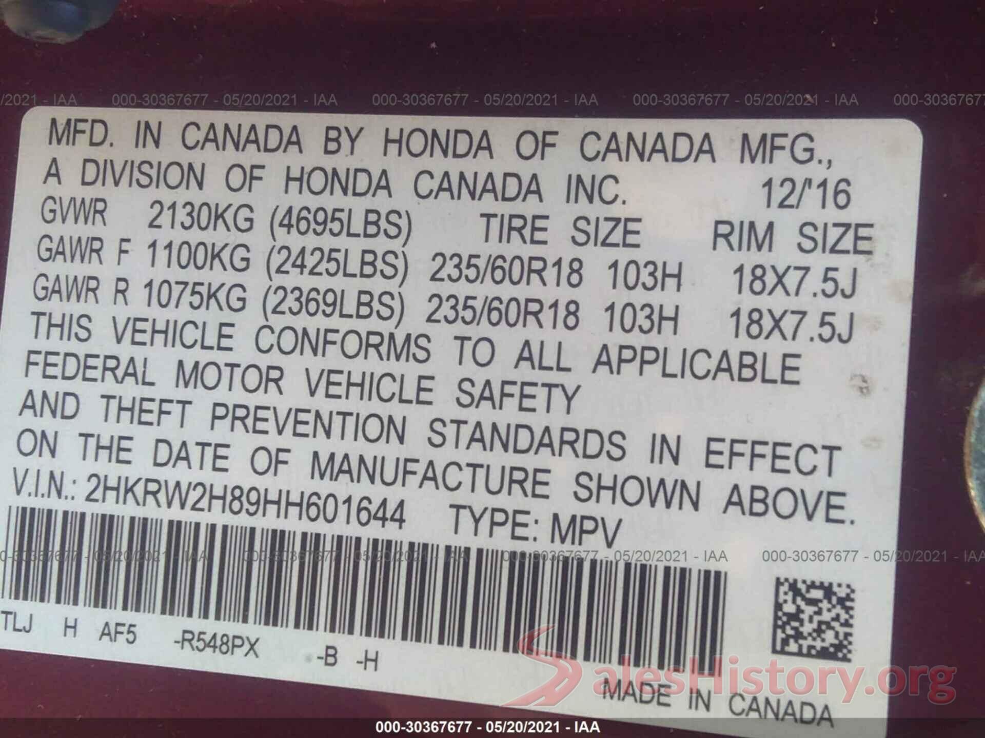 2HKRW2H89HH601644 2017 HONDA CR-V