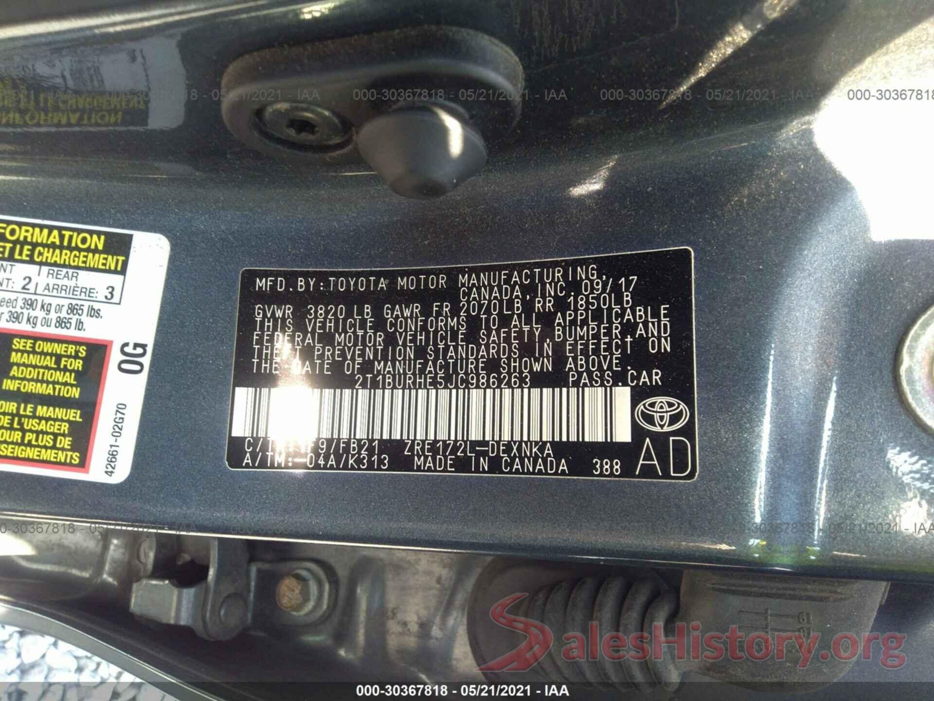 2T1BURHE5JC986263 2018 TOYOTA COROLLA