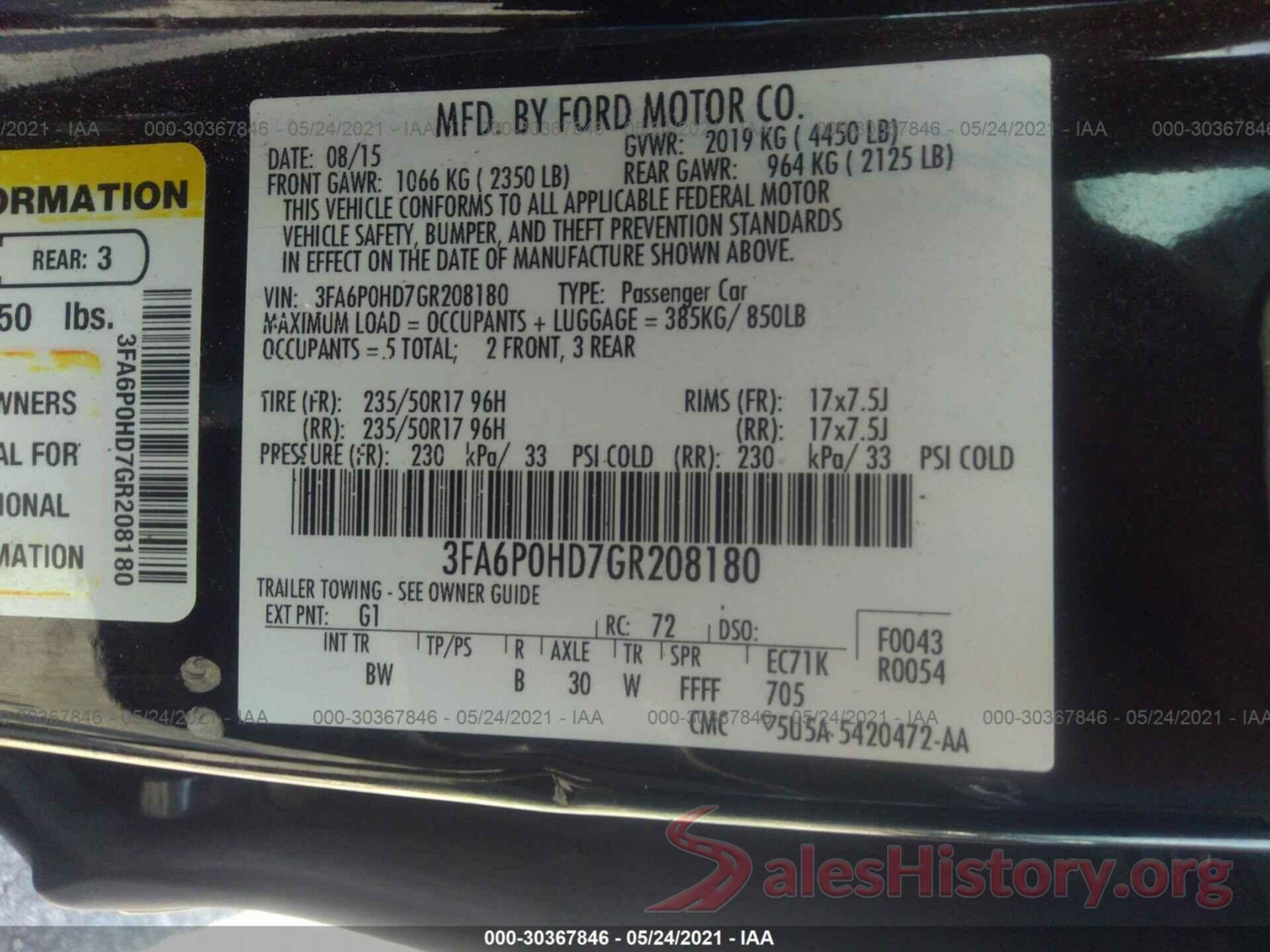 3FA6P0HD7GR208180 2016 FORD FUSION