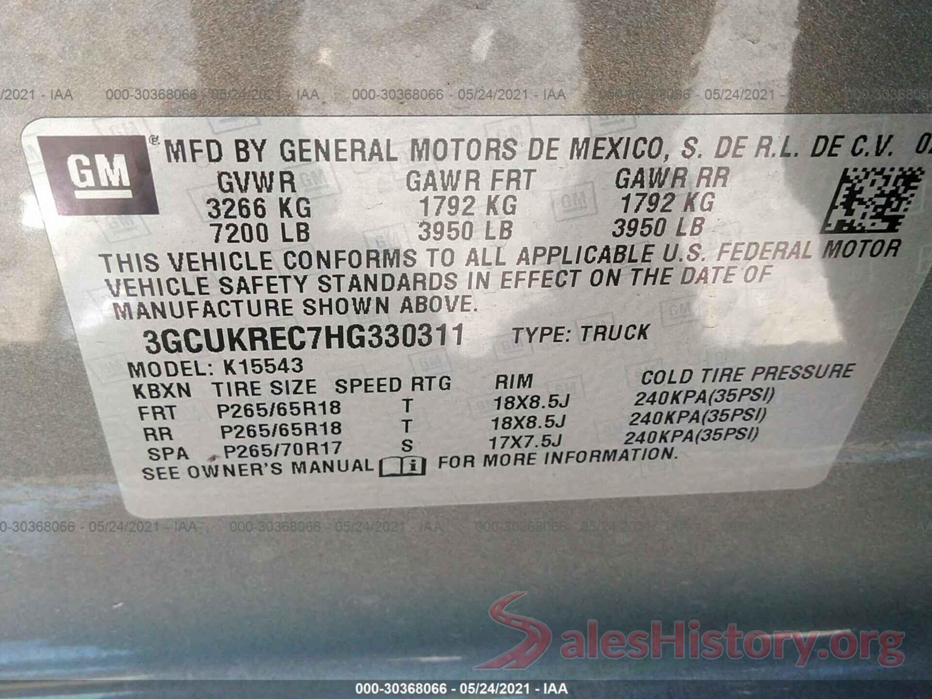 3GCUKREC7HG330311 2017 CHEVROLET SILVERADO 1500