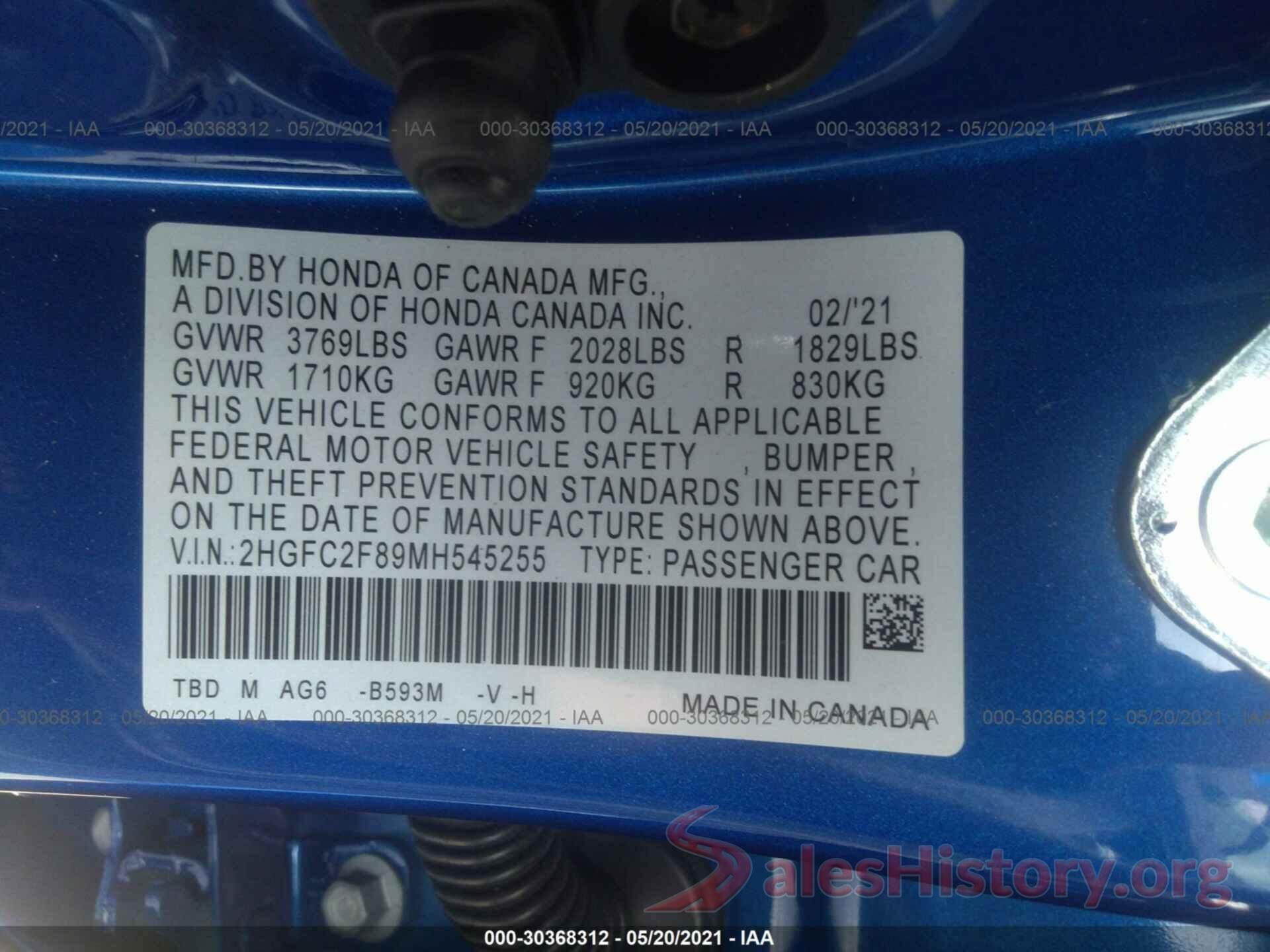 2HGFC2F89MH545255 2021 HONDA CIVIC SEDAN