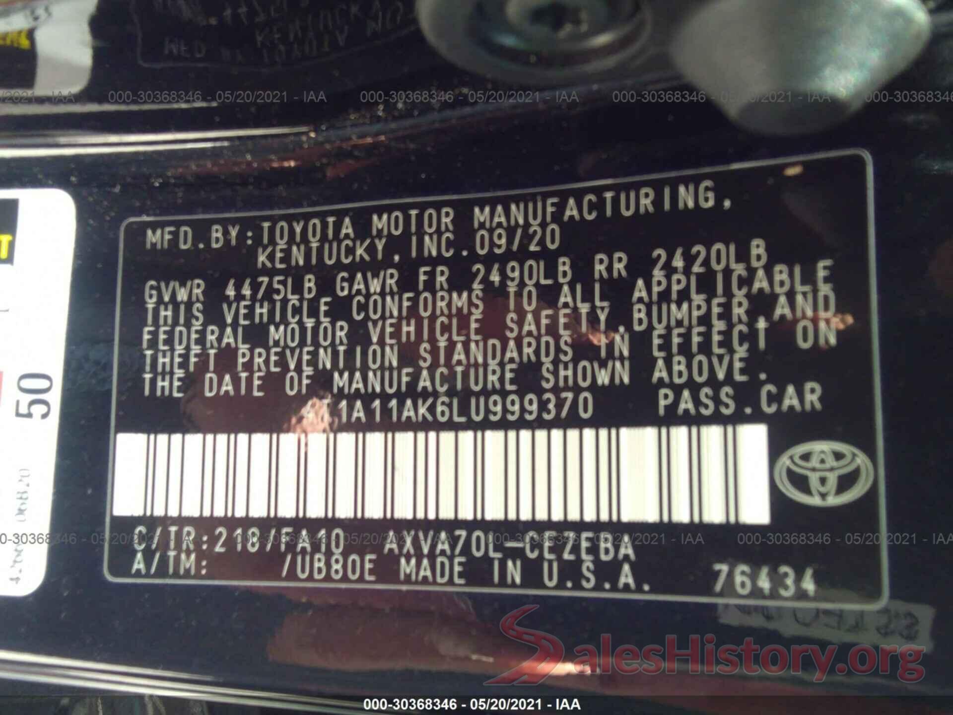 4T1A11AK6LU999370 2020 TOYOTA CAMRY