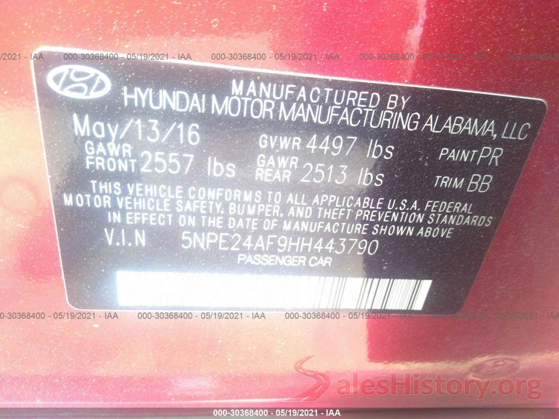 5NPE24AF9HH443790 2017 HYUNDAI SONATA