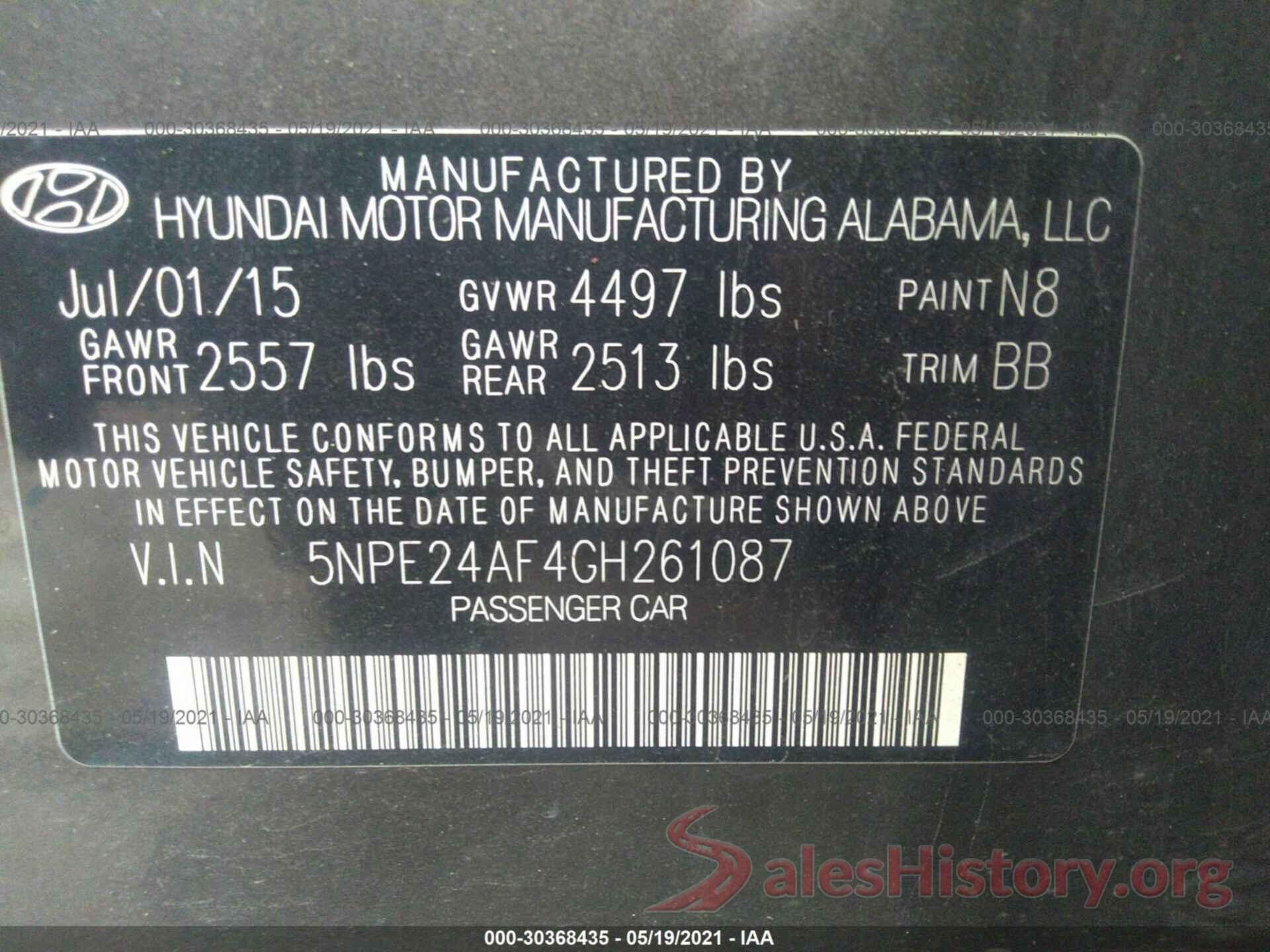 5NPE24AF4GH261087 2016 HYUNDAI SONATA