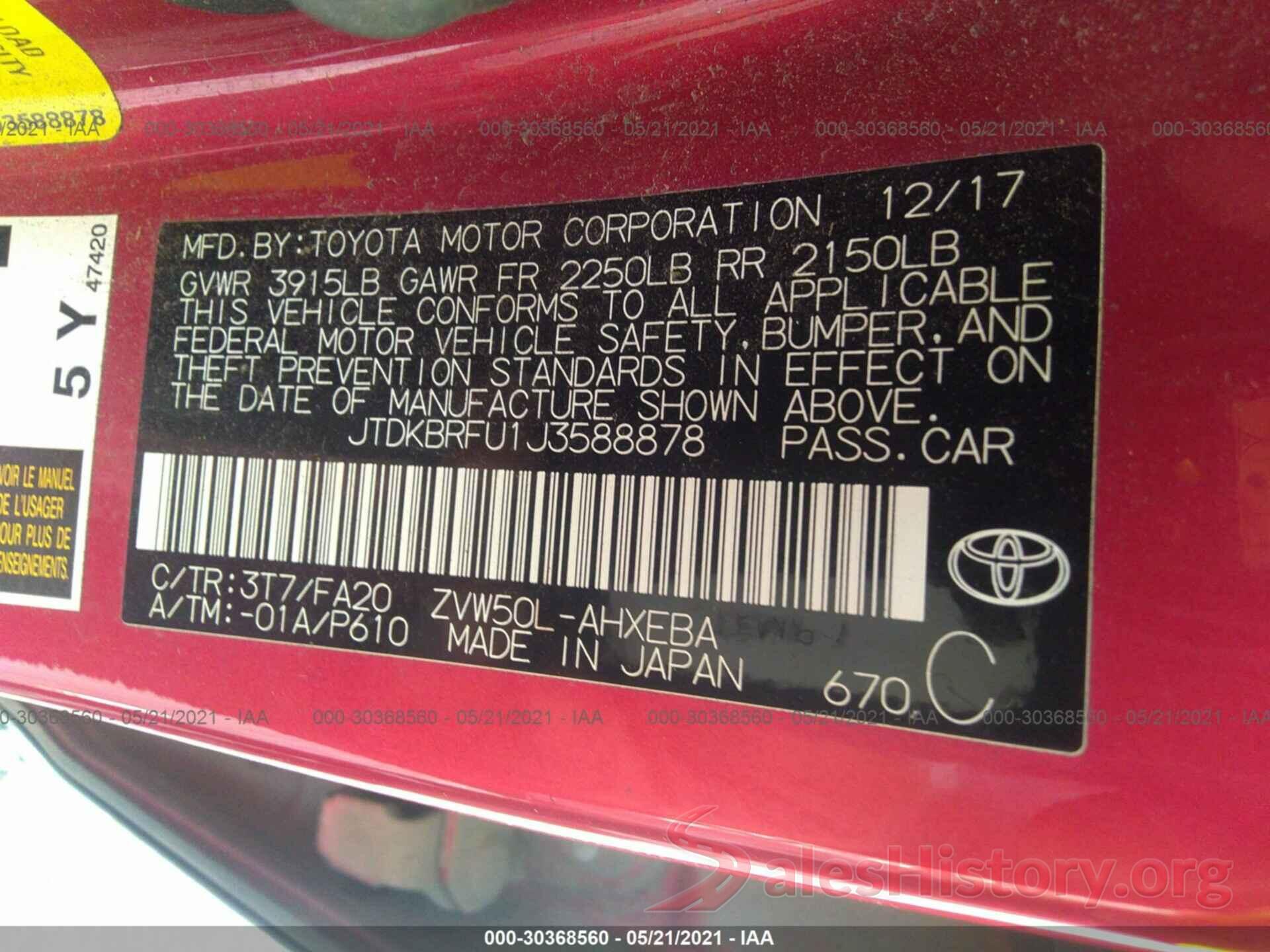 JTDKBRFU1J3588878 2018 TOYOTA PRIUS