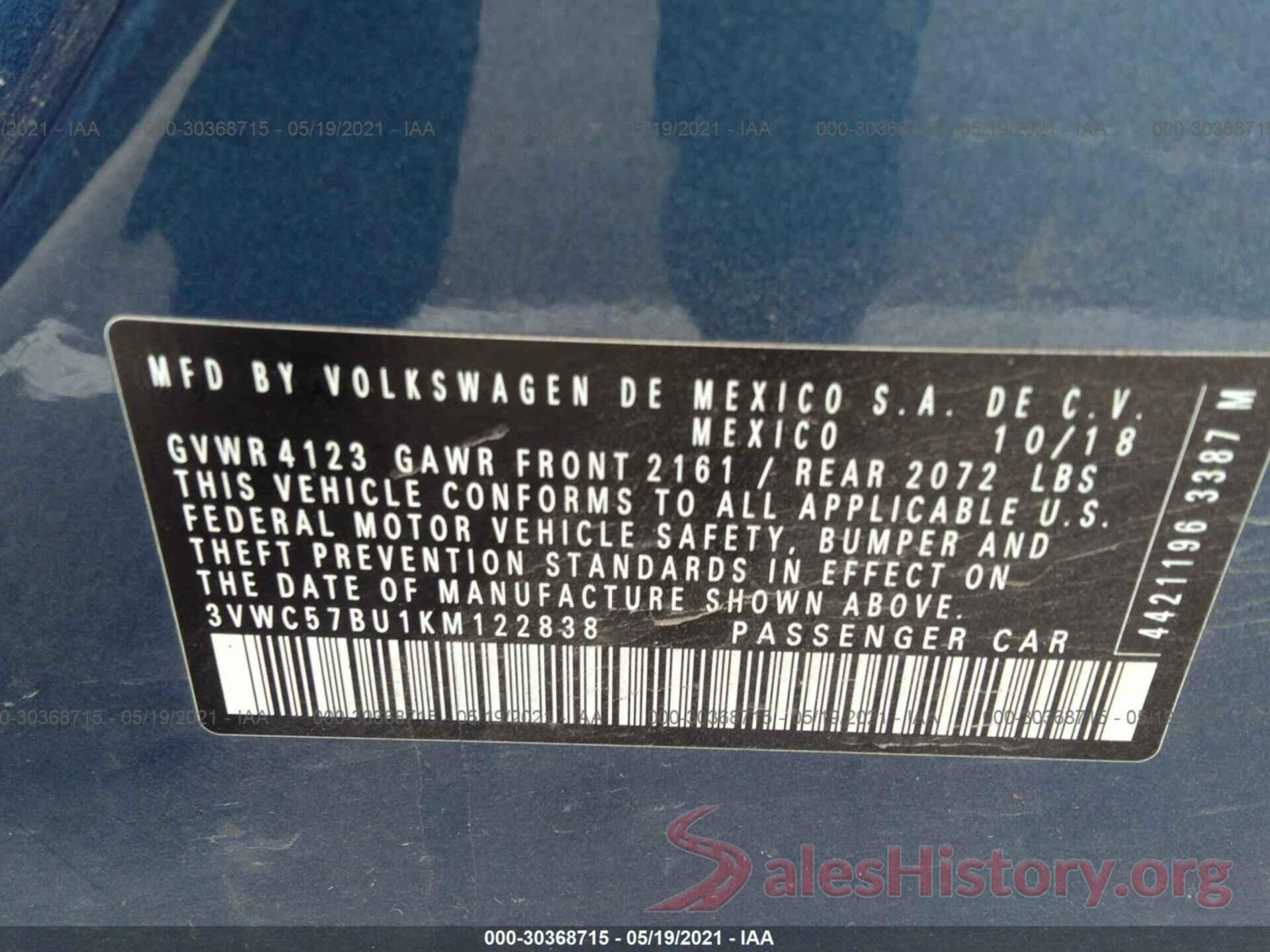 3VWC57BU1KM122838 2019 VOLKSWAGEN JETTA