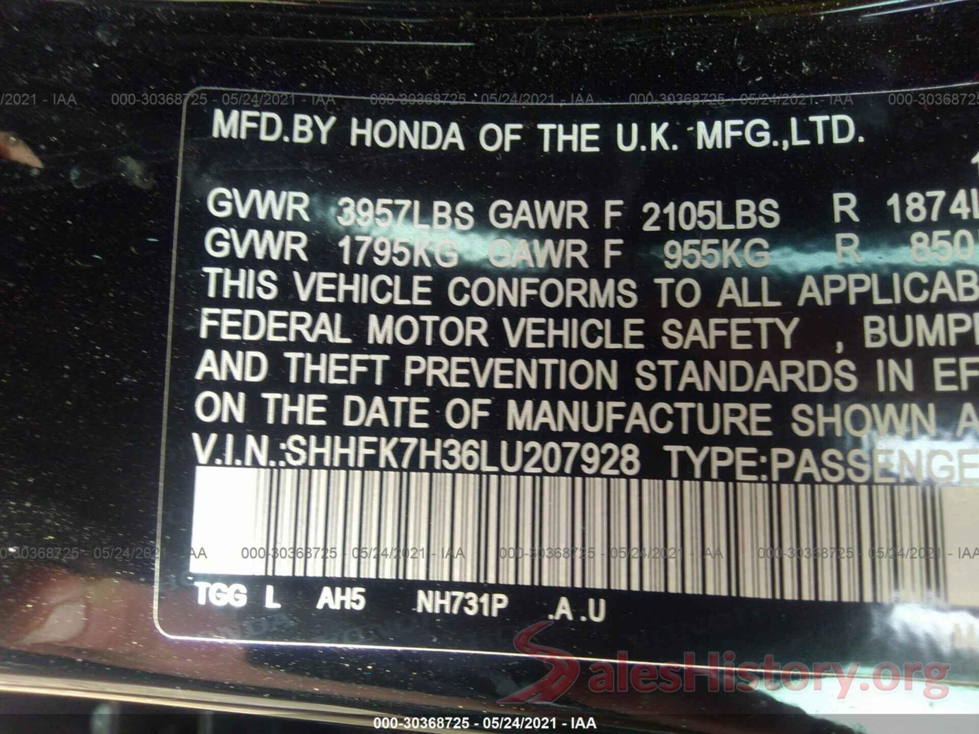 SHHFK7H36LU207928 2020 HONDA CIVIC HATCHBACK