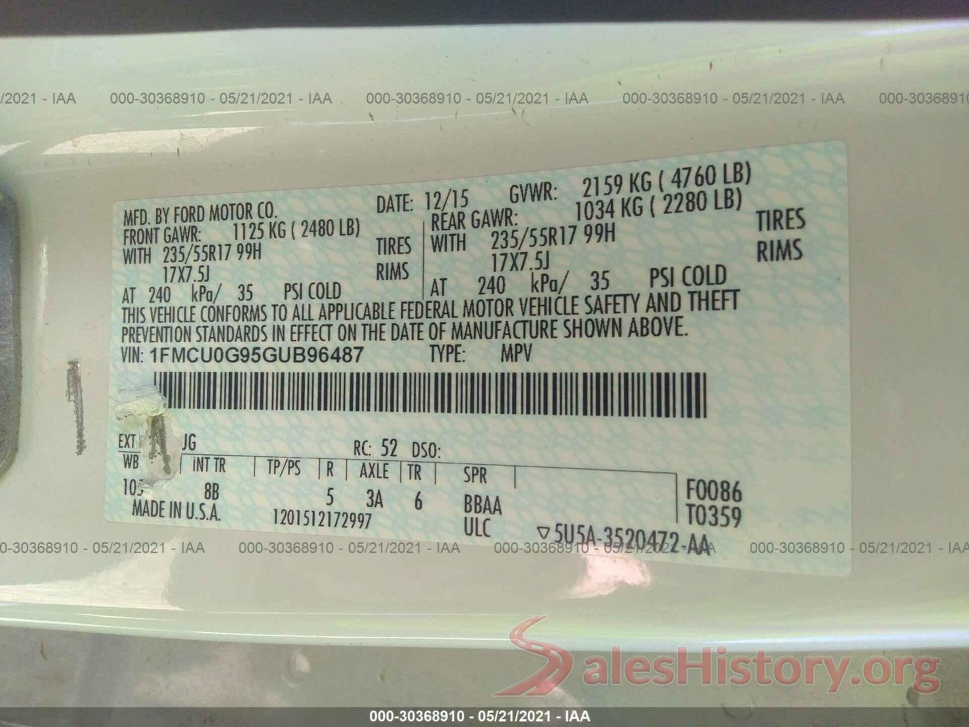 1FMCU0G95GUB96487 2016 FORD ESCAPE