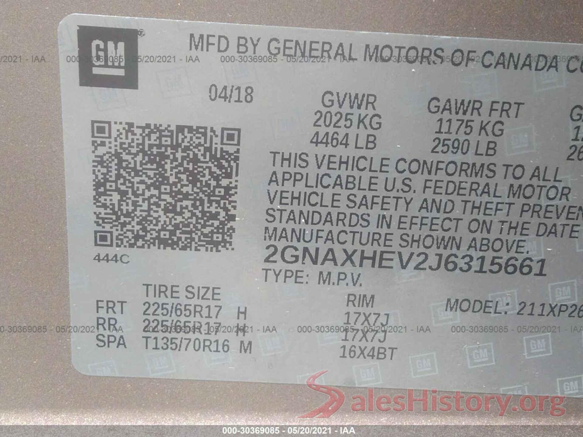 2GNAXHEV2J6315661 2018 CHEVROLET EQUINOX