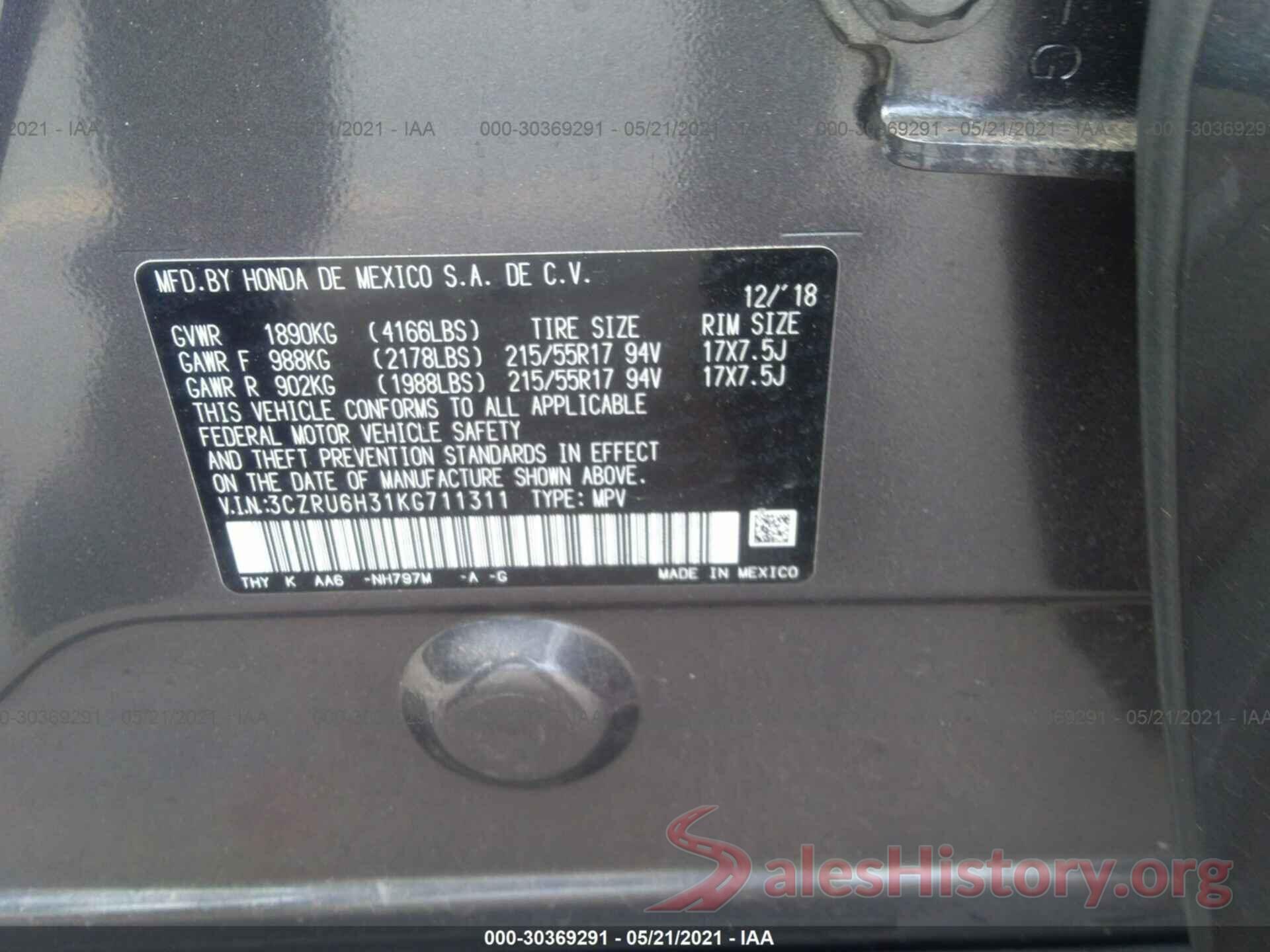 3CZRU6H31KG711311 2019 HONDA HR-V