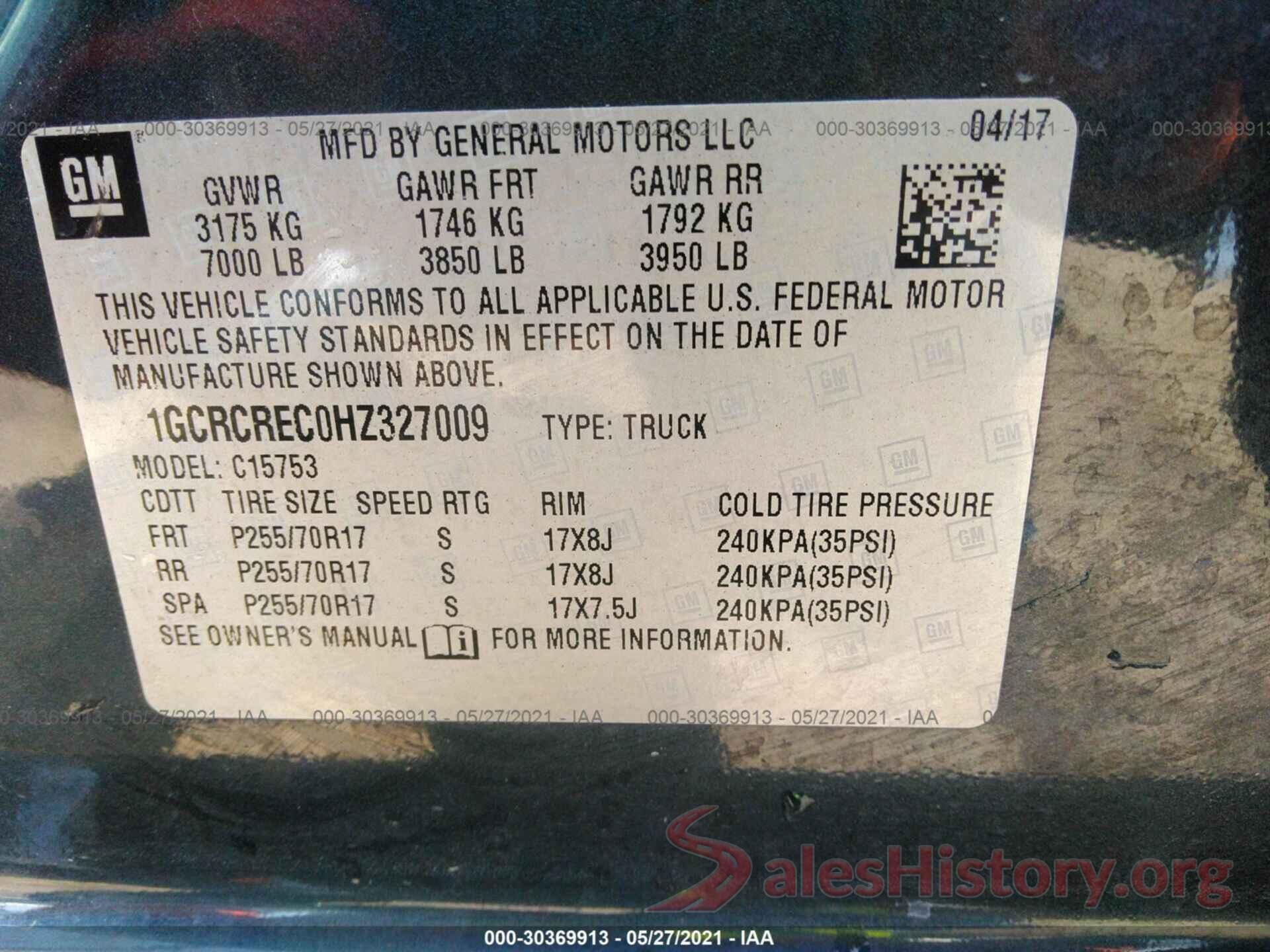 1GCRCREC0HZ327009 2017 CHEVROLET SILVERADO 1500