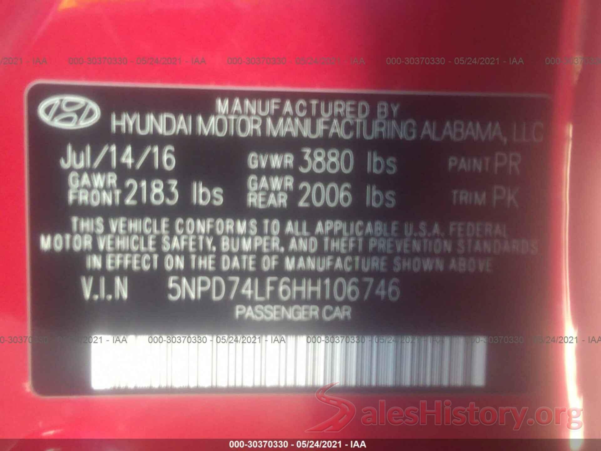 5NPD74LF6HH106746 2017 HYUNDAI ELANTRA