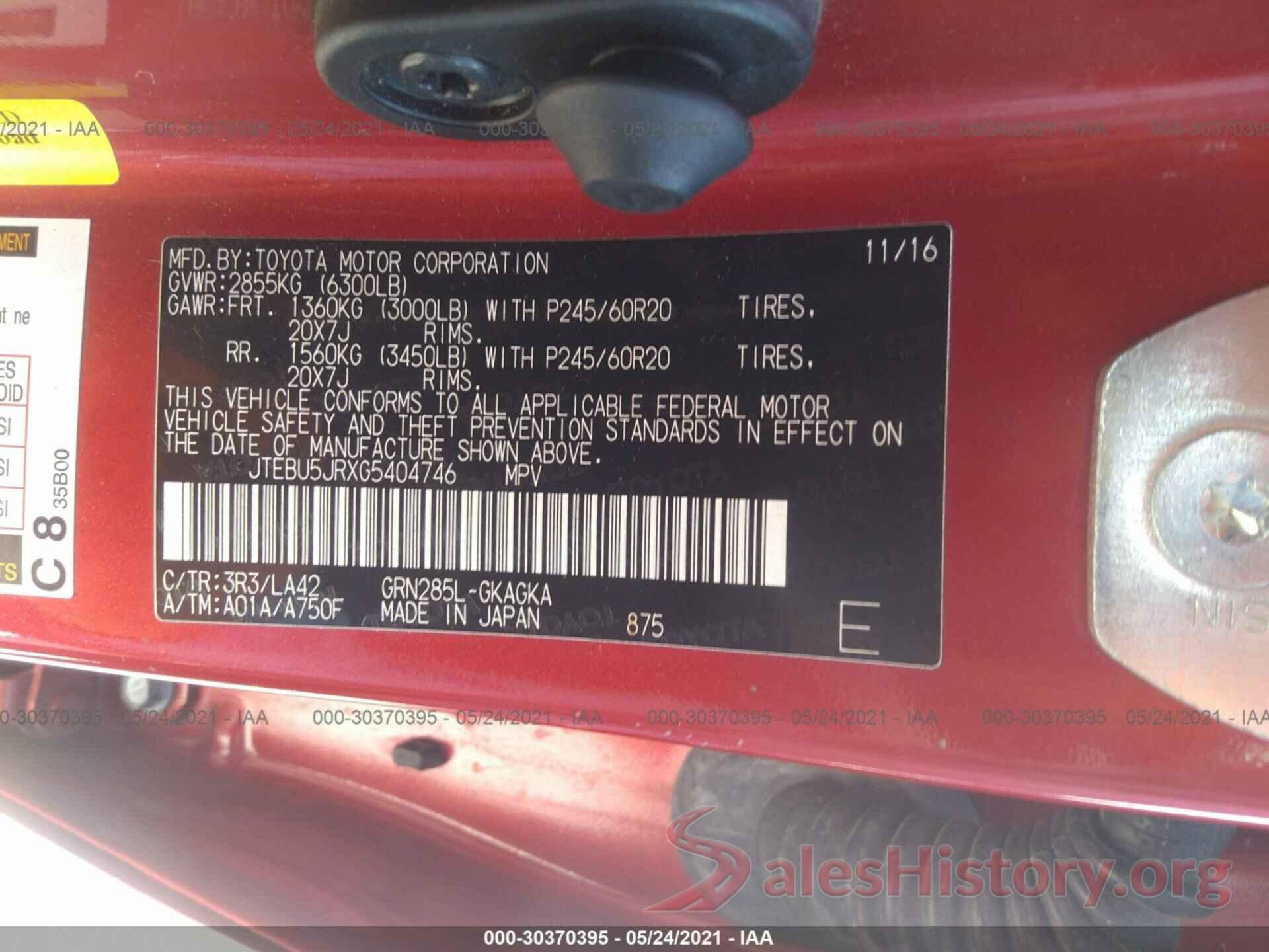 JTEBU5JRXG5404746 2016 TOYOTA 4RUNNER