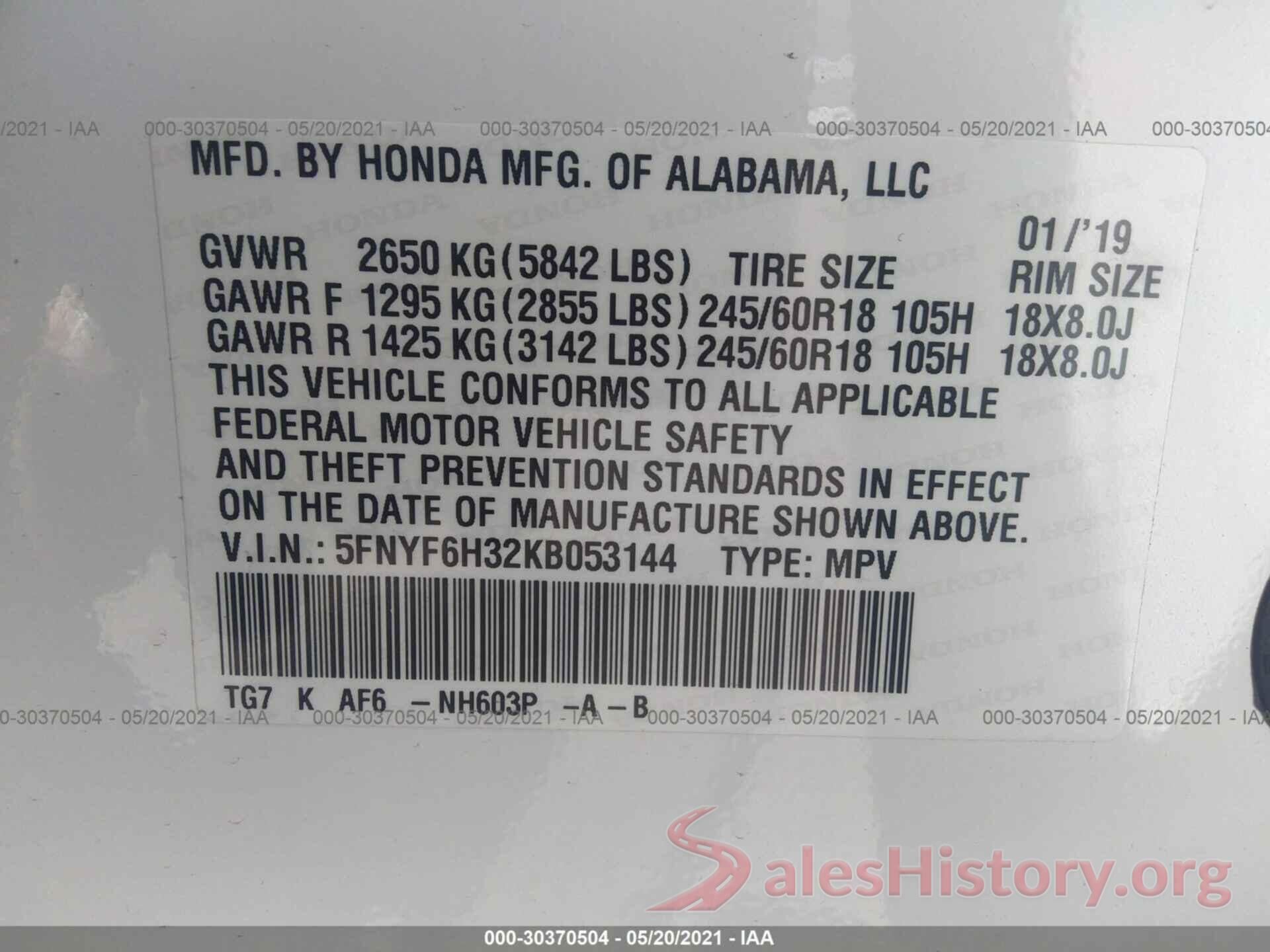 5FNYF6H32KB053144 2019 HONDA PILOT