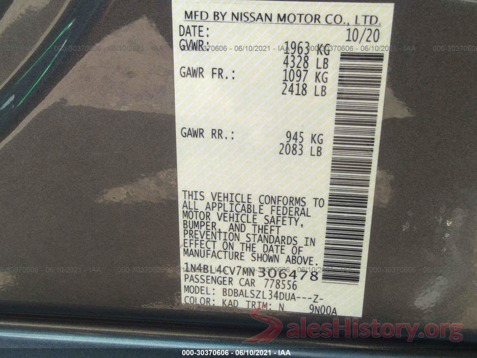 1N4BL4CV7MN306478 2021 NISSAN ALTIMA