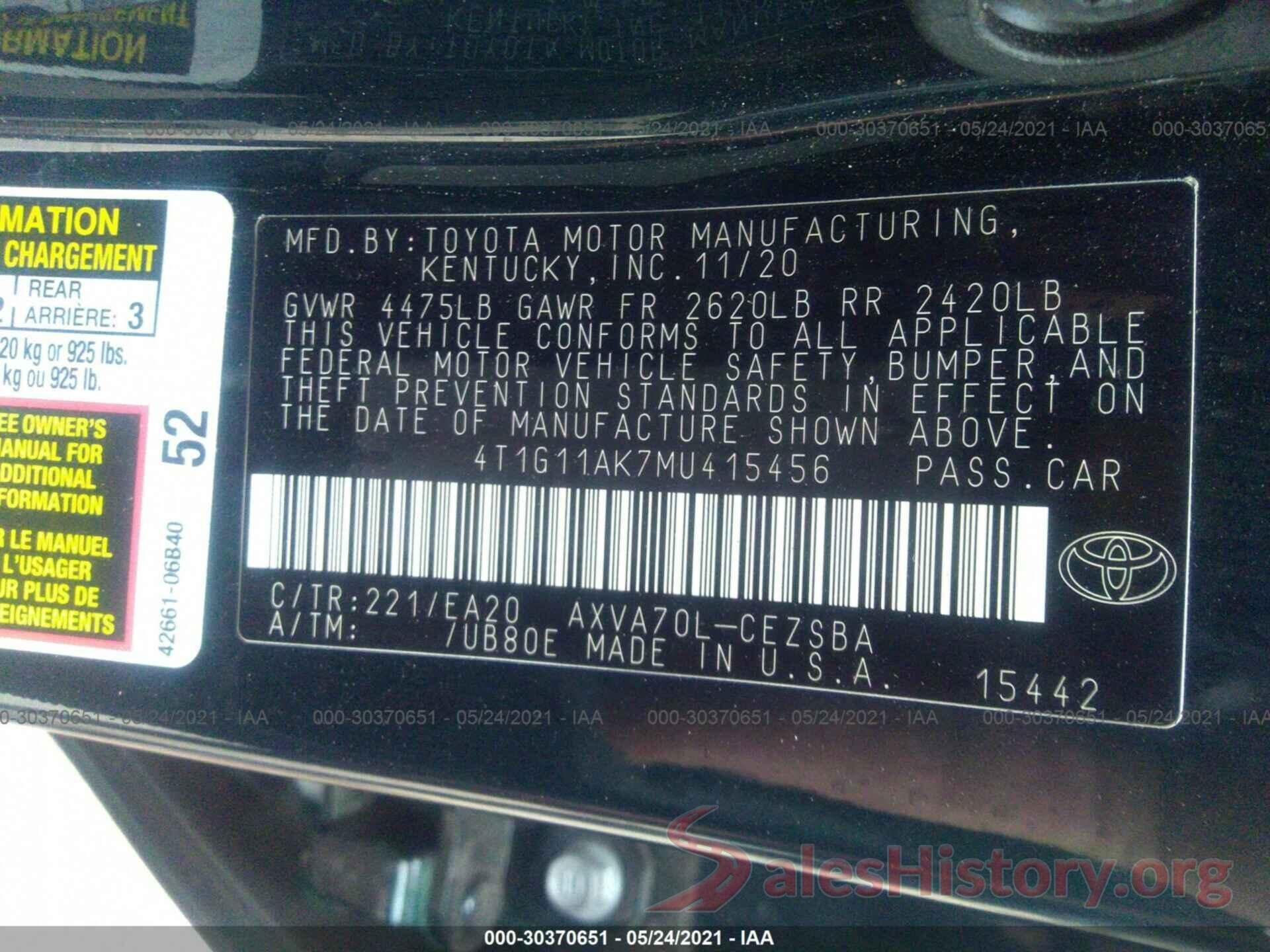 4T1G11AK7MU415456 2021 TOYOTA CAMRY