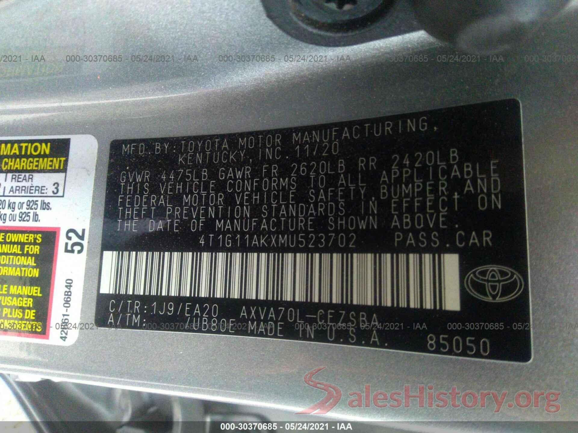 4T1G11AKXMU523702 2021 TOYOTA CAMRY