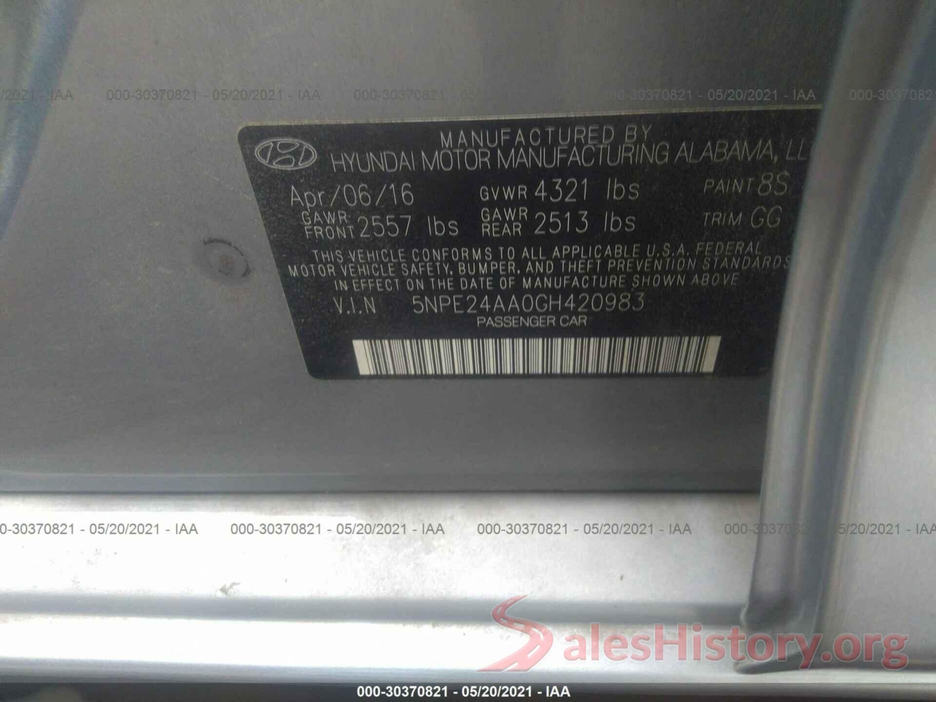 5NPE24AA0GH420983 2016 HYUNDAI SONATA