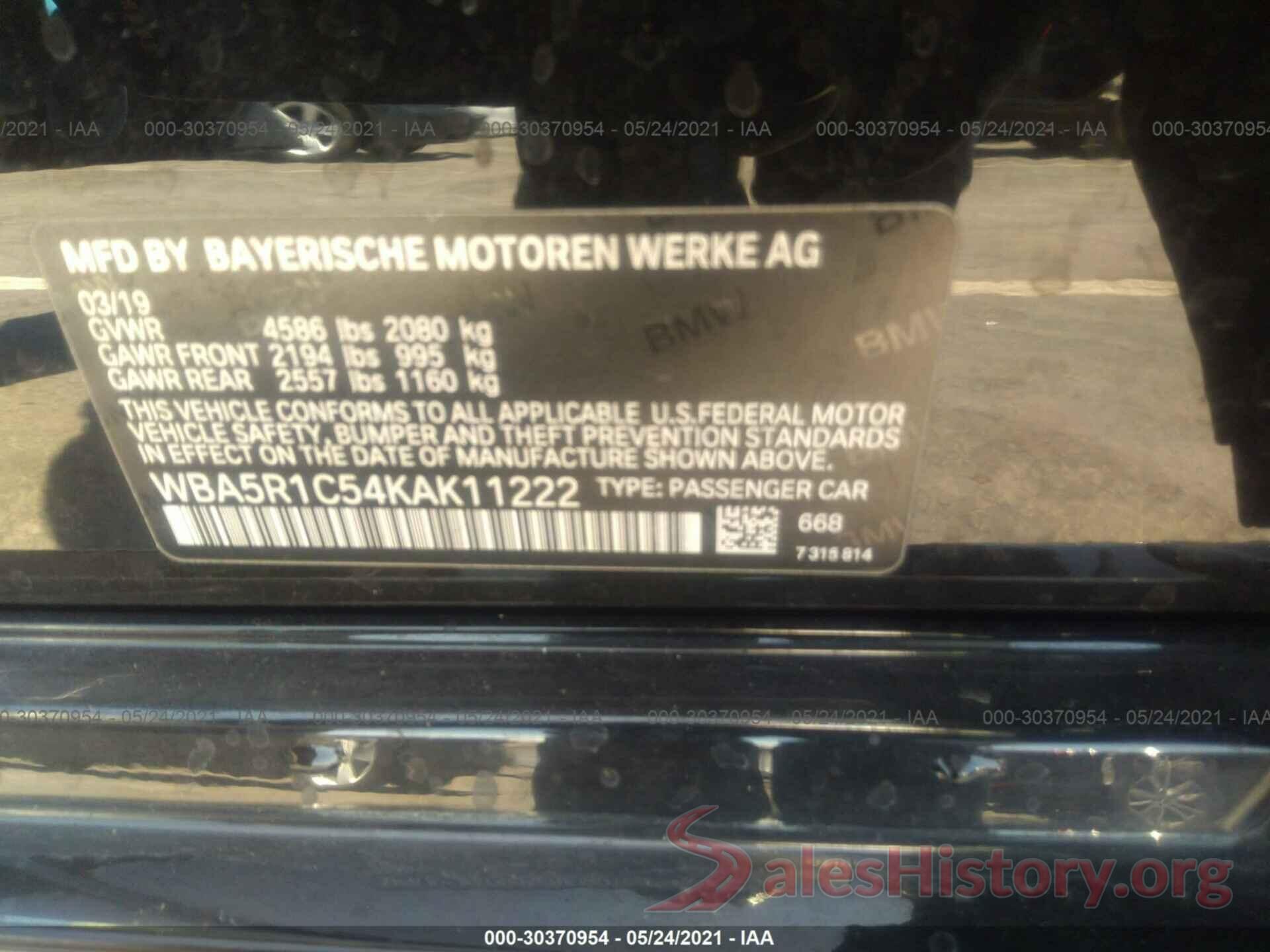 WBA5R1C54KAK11222 2019 BMW 3 SERIES