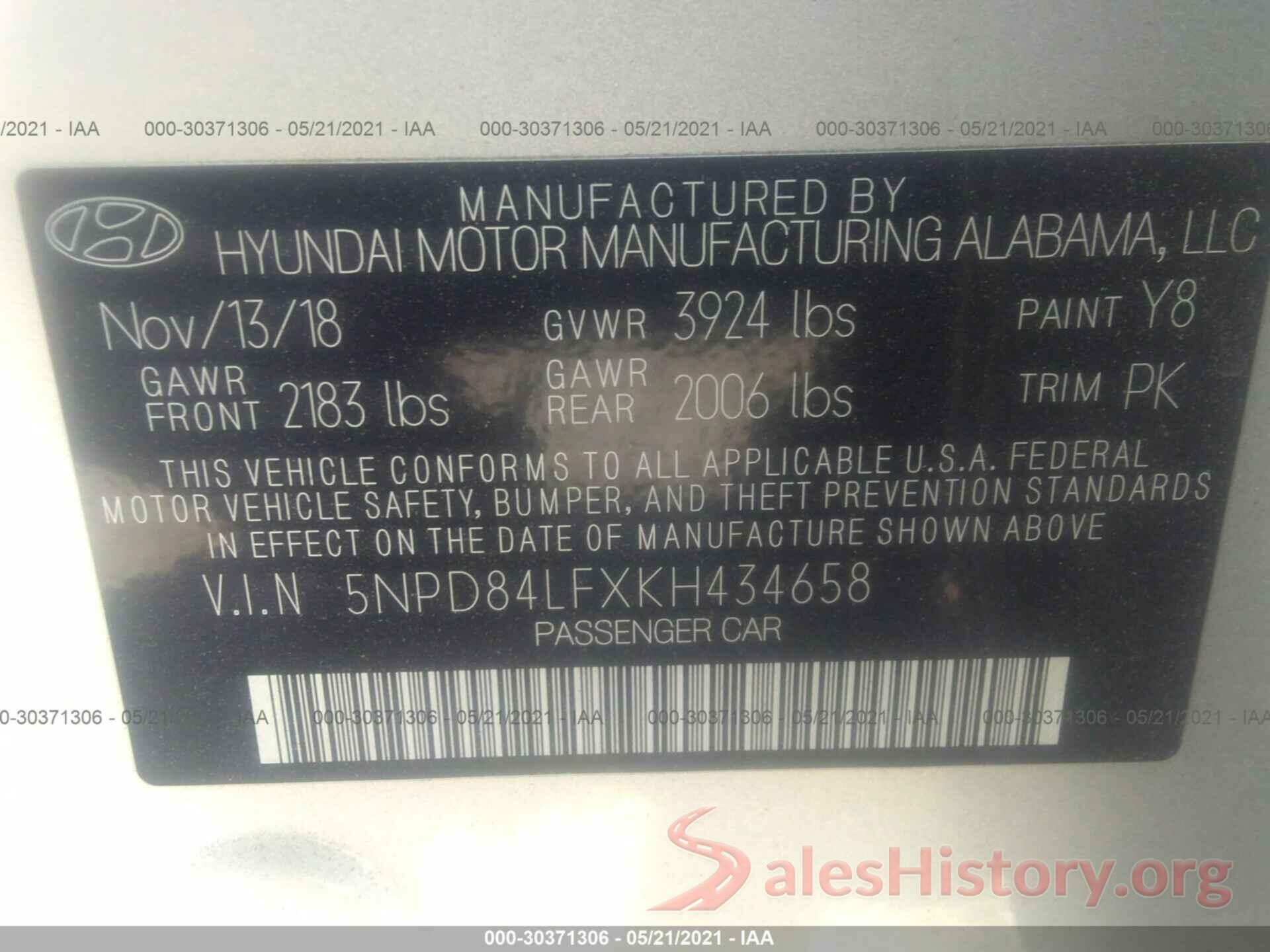 5NPD84LFXKH434658 2019 HYUNDAI ELANTRA