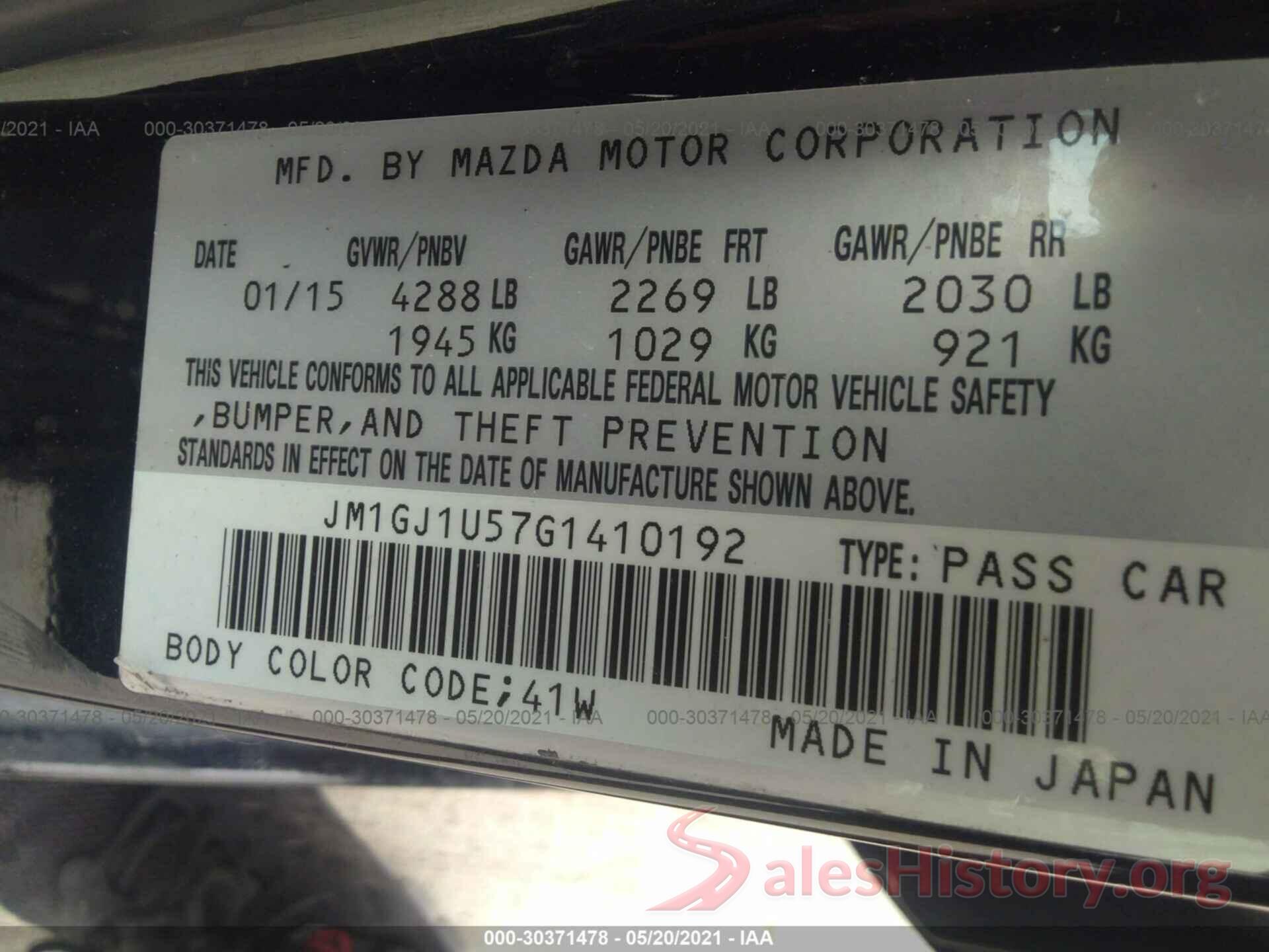 JM1GJ1U57G1410192 2016 MAZDA MAZDA6