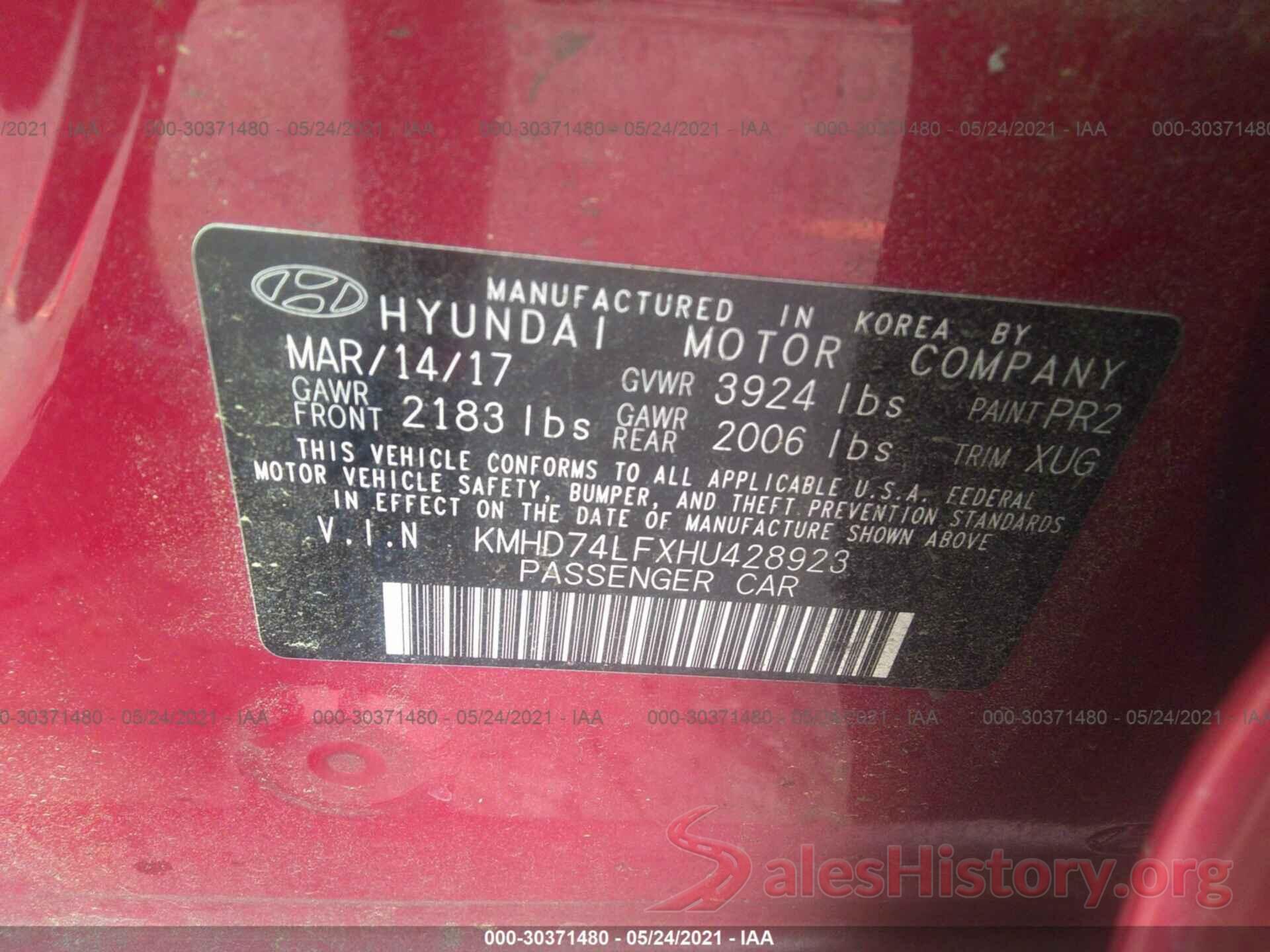 KMHD74LFXHU428923 2017 HYUNDAI ELANTRA