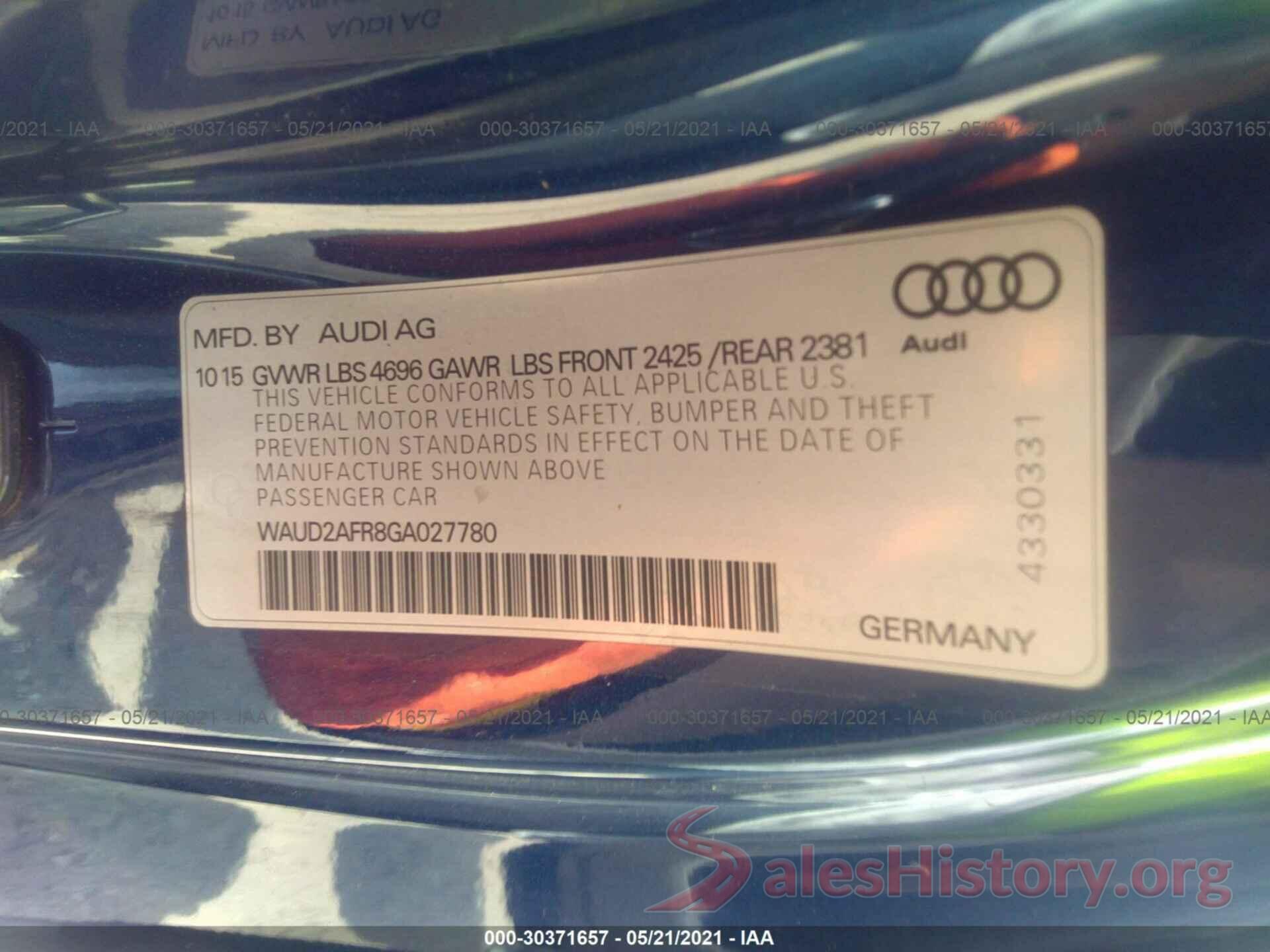 WAUD2AFR8GA027780 2016 AUDI A5