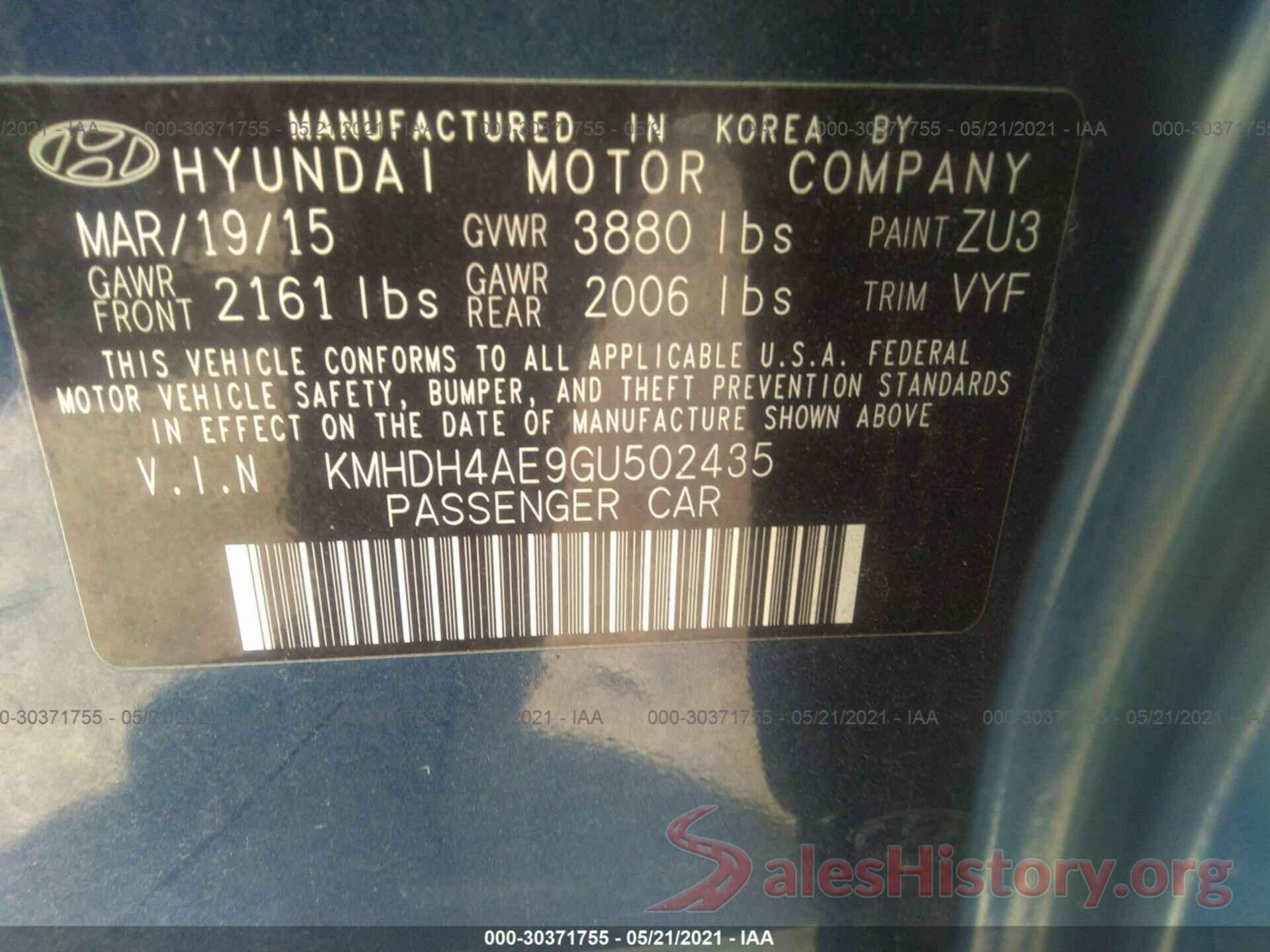 KMHDH4AE9GU502435 2016 HYUNDAI ELANTRA