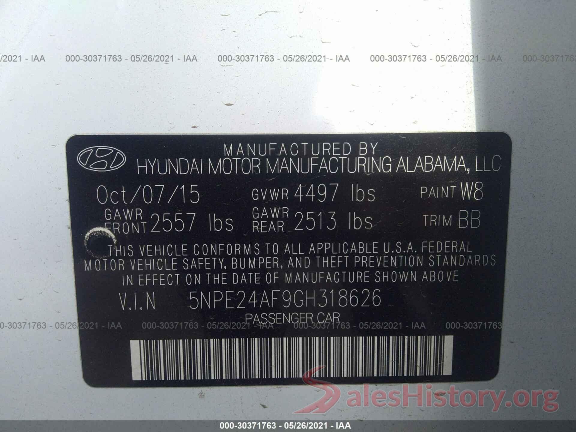 5NPE24AF9GH318626 2016 HYUNDAI SONATA