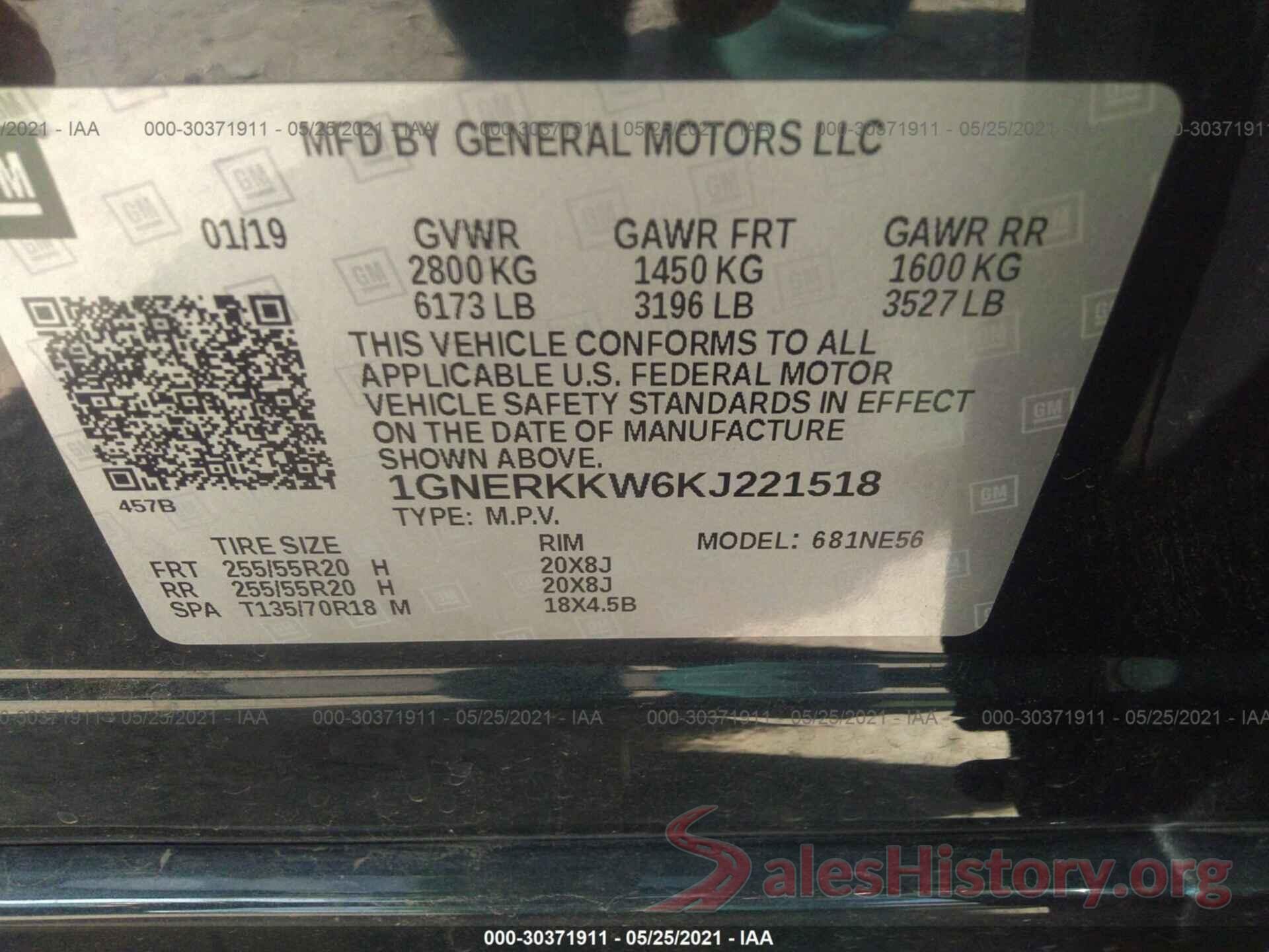 1GNERKKW6KJ221518 2019 CHEVROLET TRAVERSE