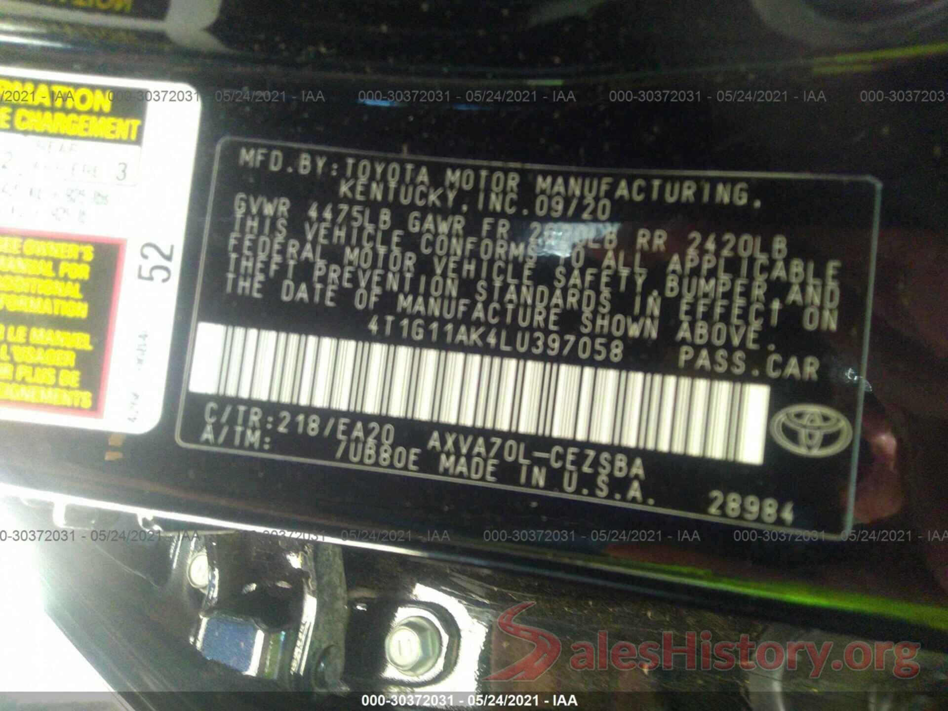 4T1G11AK4LU397058 2020 TOYOTA CAMRY