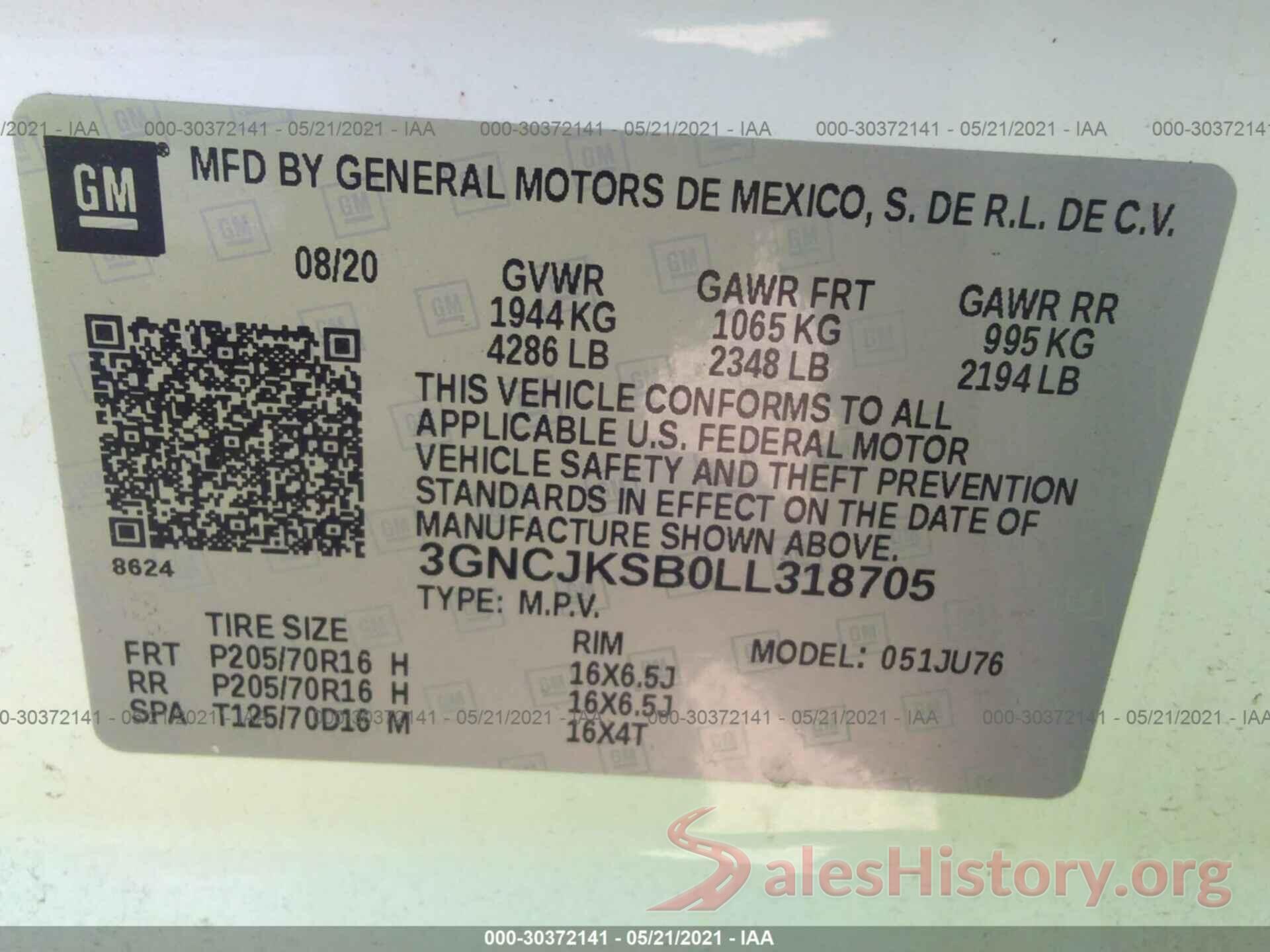 3GNCJKSB0LL318705 2020 CHEVROLET TRAX