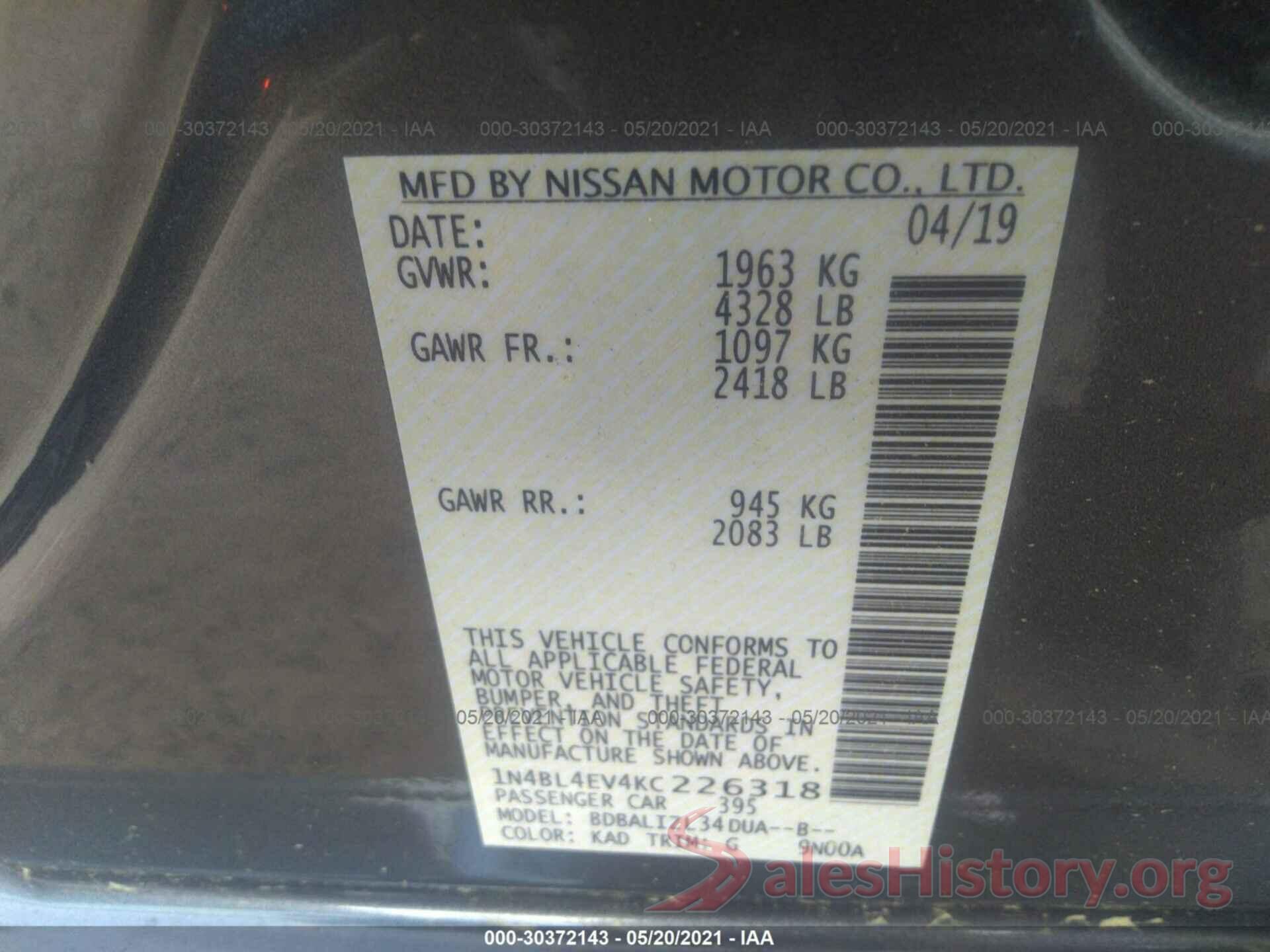 1N4BL4EV4KC226318 2019 NISSAN ALTIMA