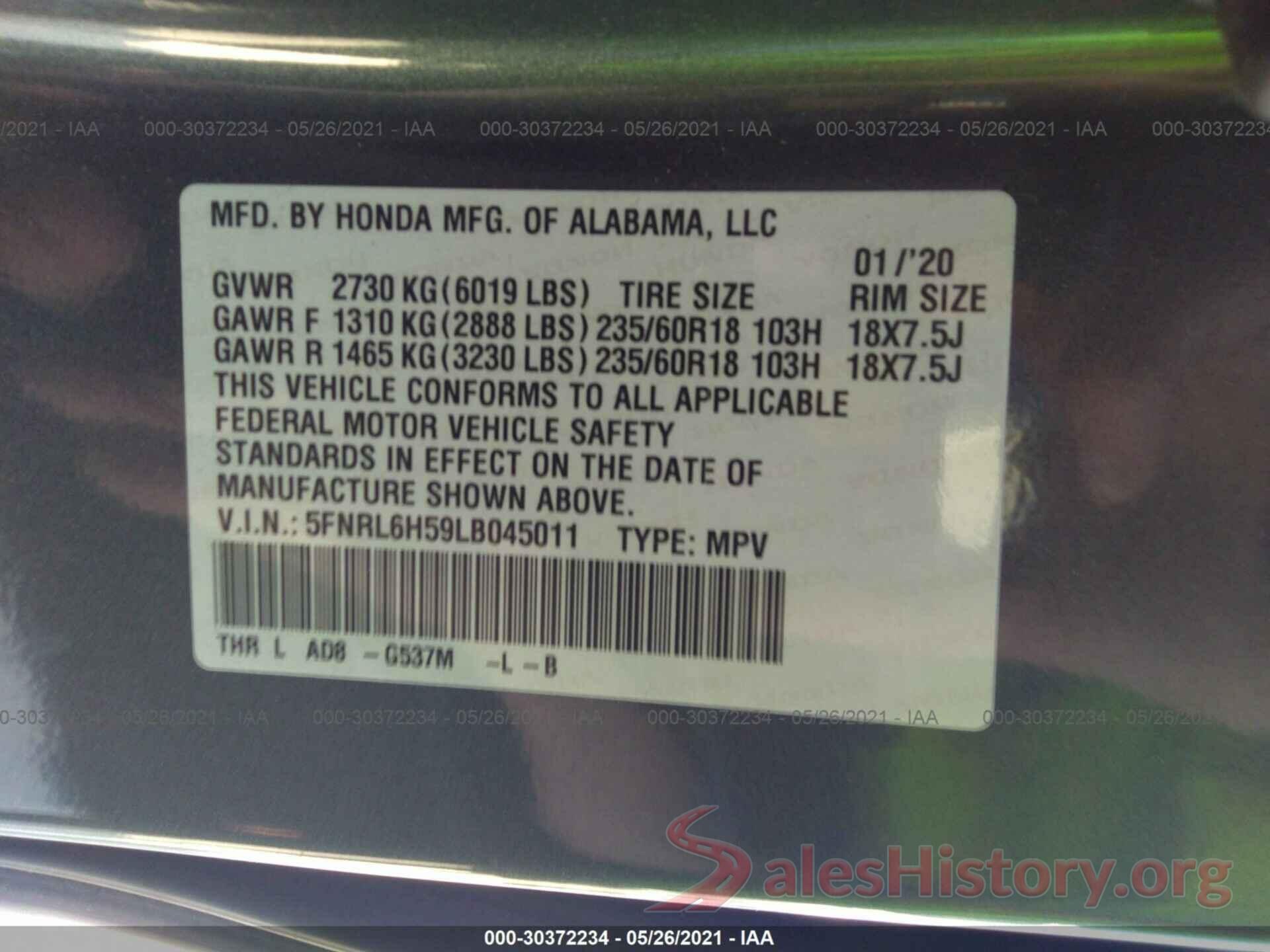 5FNRL6H59LB045011 2020 HONDA ODYSSEY