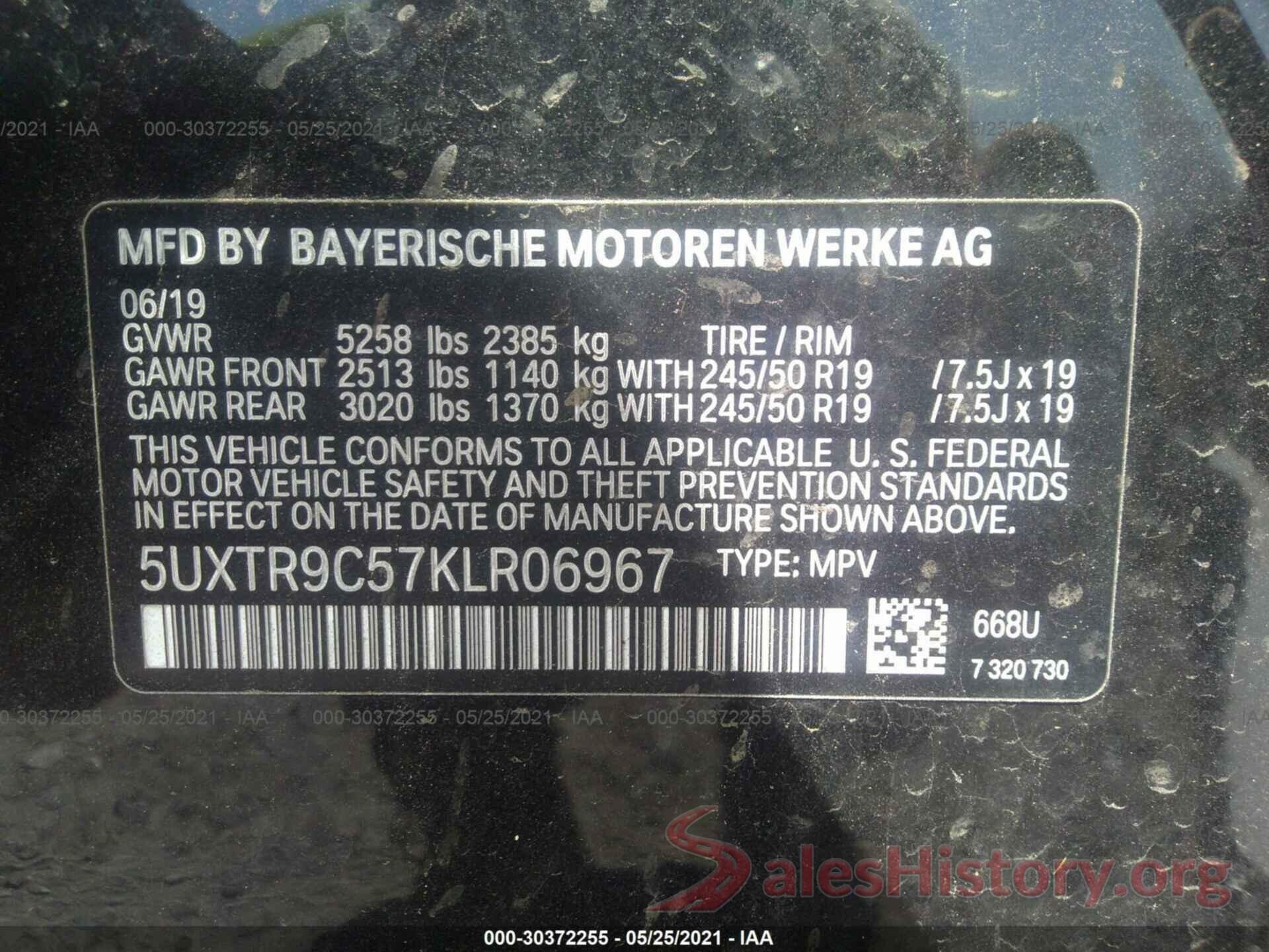 5UXTR9C57KLR06967 2019 BMW X3