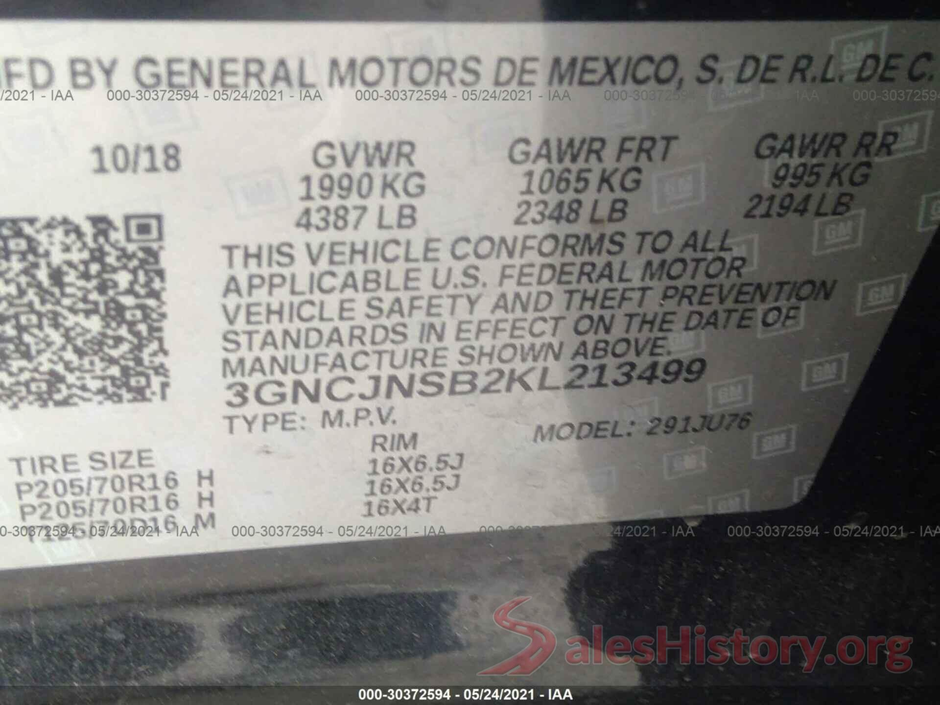 3GNCJNSB2KL213499 2019 CHEVROLET TRAX