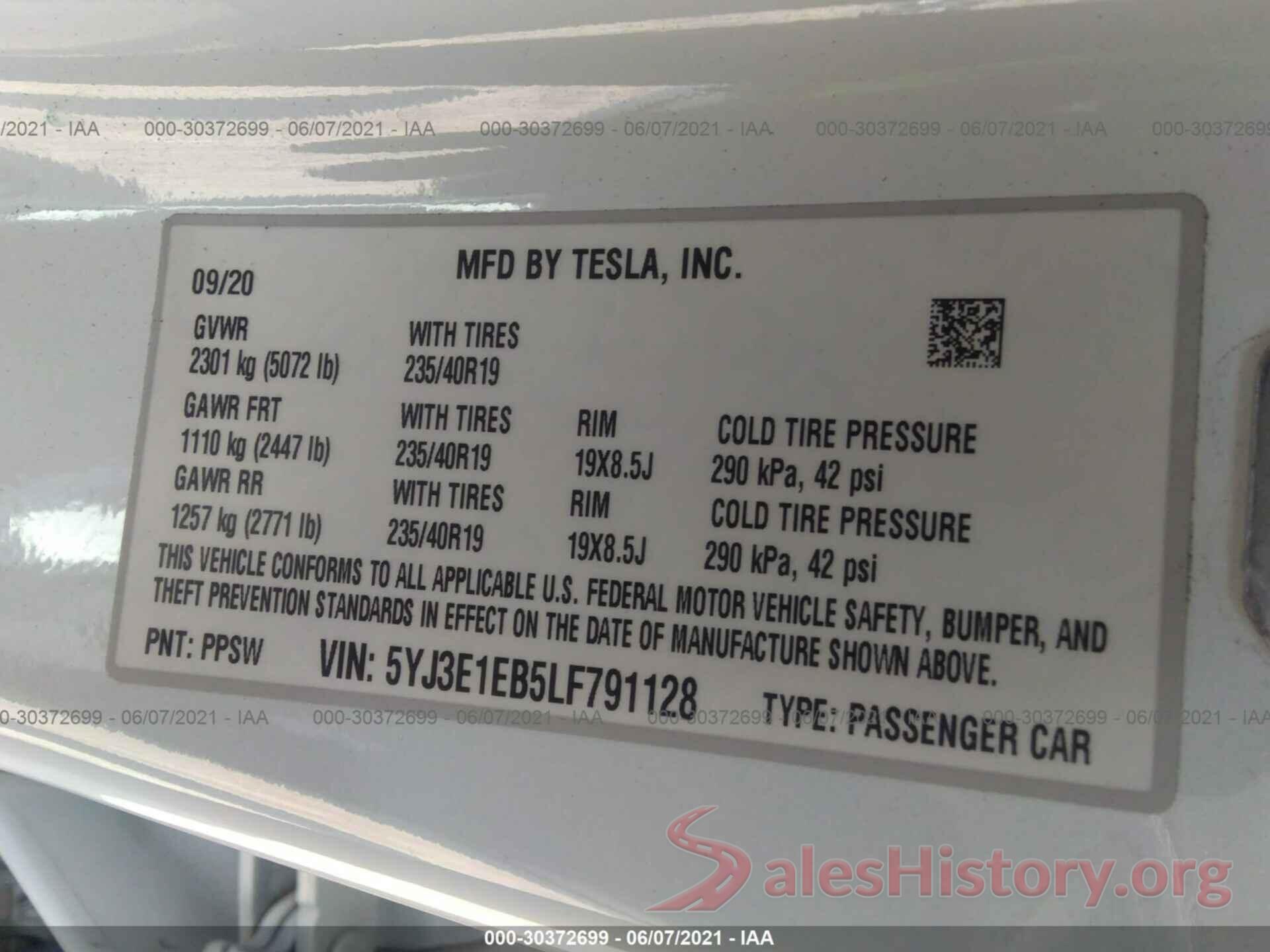 5YJ3E1EB5LF791128 2020 TESLA MODEL 3