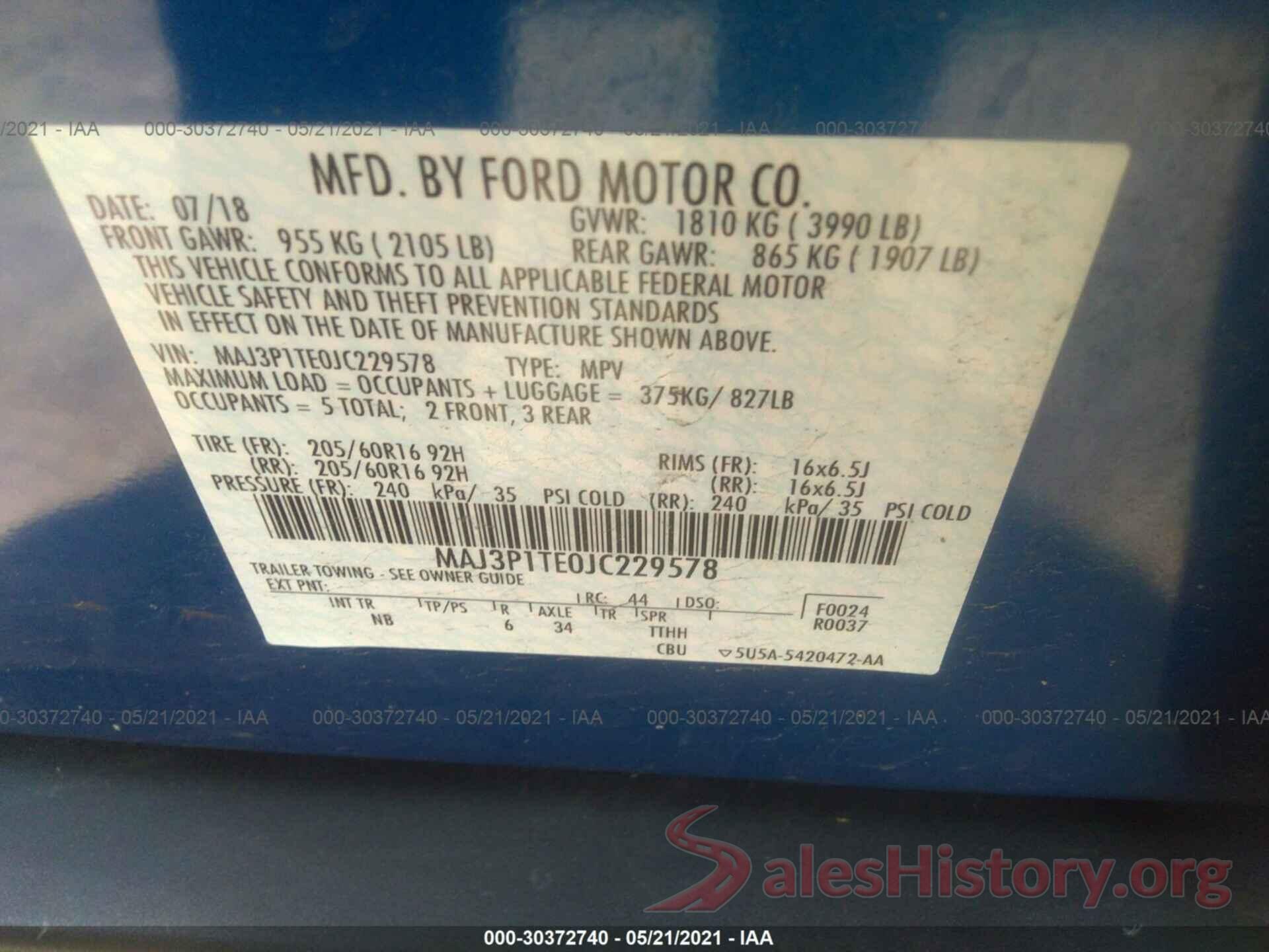 MAJ3P1TE0JC229578 2018 FORD ECOSPORT