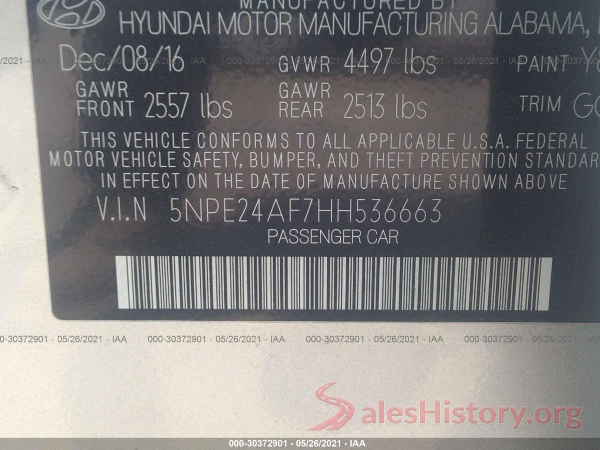 5NPE24AF7HH536663 2017 HYUNDAI SONATA